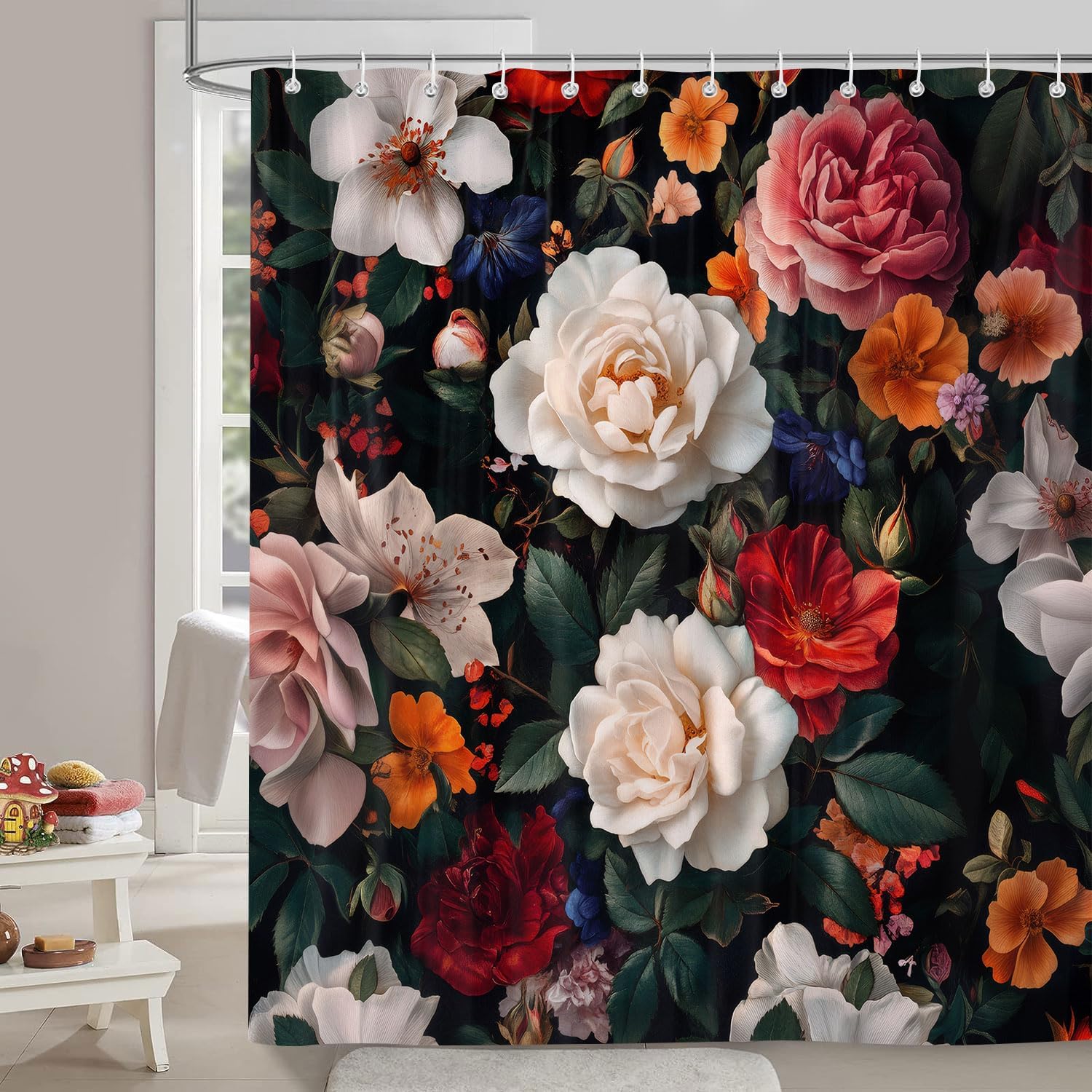 Floral Shower Curtain Set with Hooks 72x72