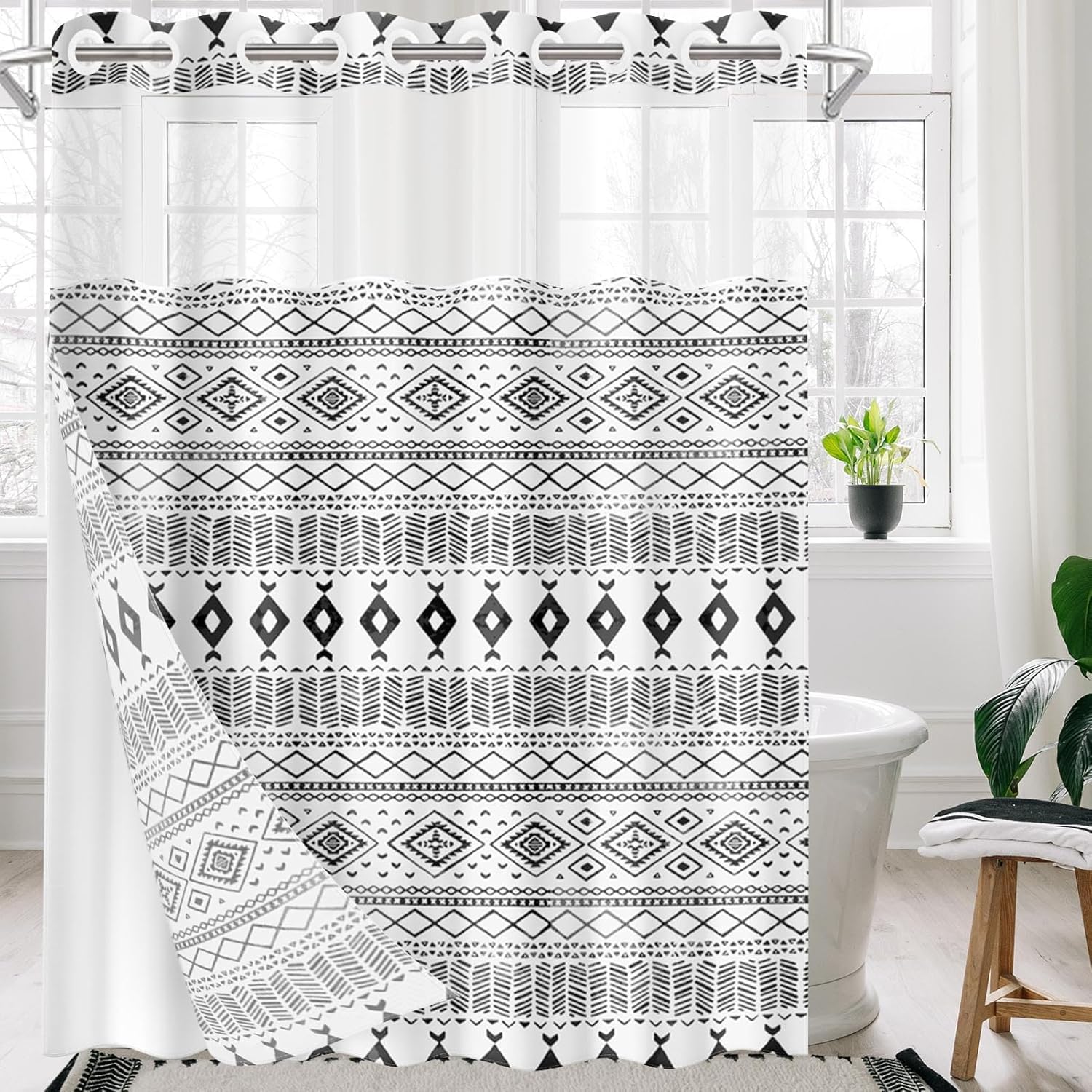 Nesphy No Hook White Black Shower Curtain Set