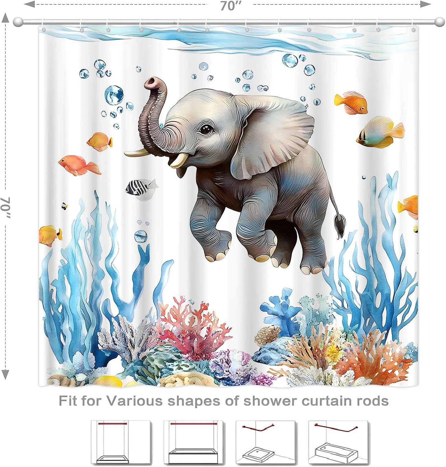 Funny Nautical Elephant Shower Curtain Set with Hooks 70x70