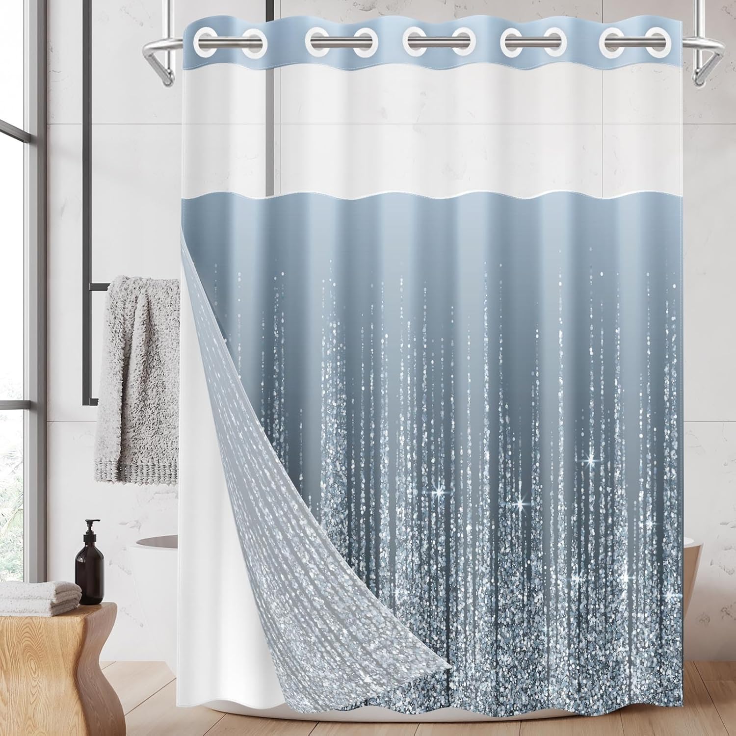 Nesphy No Hook Silver Dots Shower Curtain Set