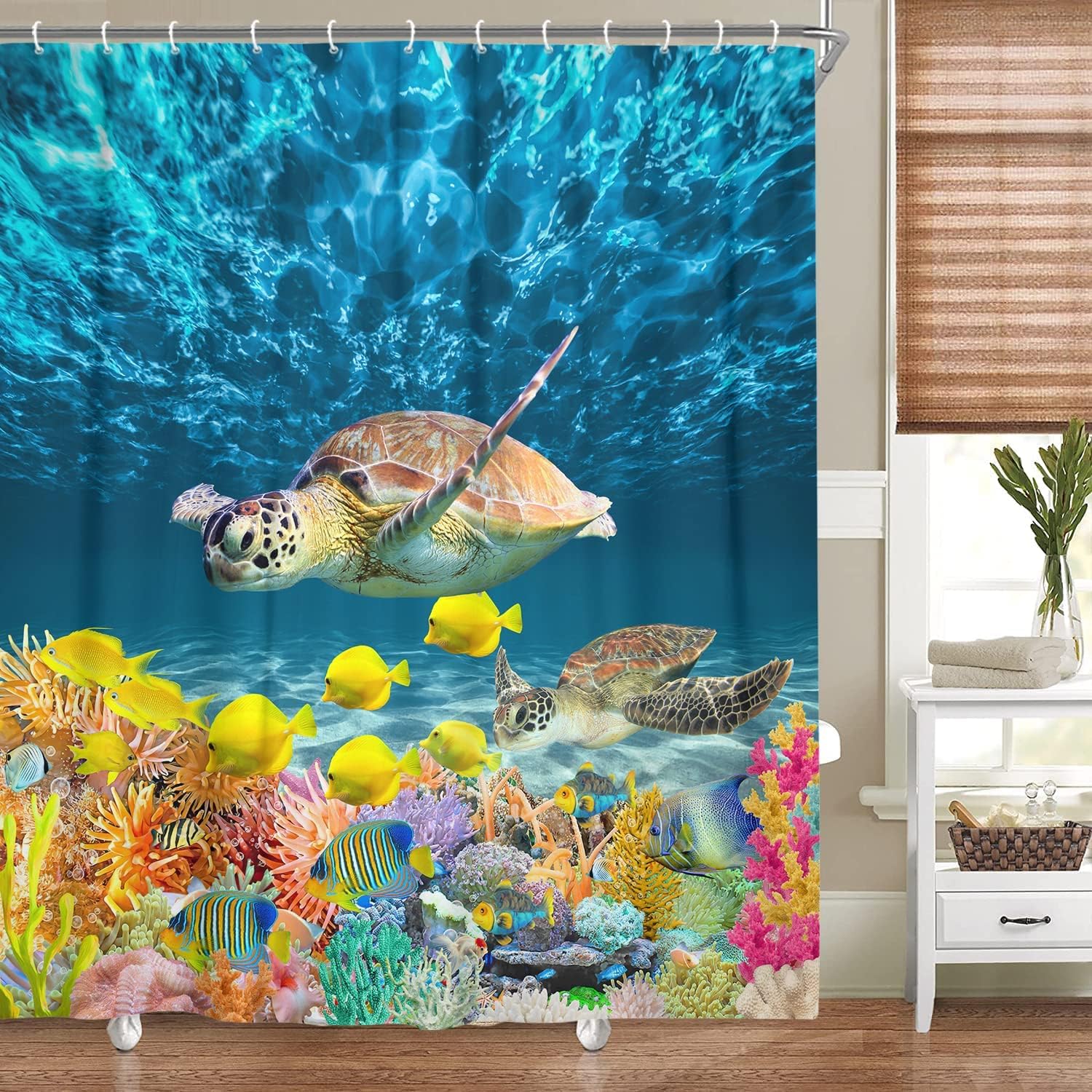 DYNH Sea Turtle Fabric Shower Curtain 69x70 Inch with Hooks Blue Bath Curtain