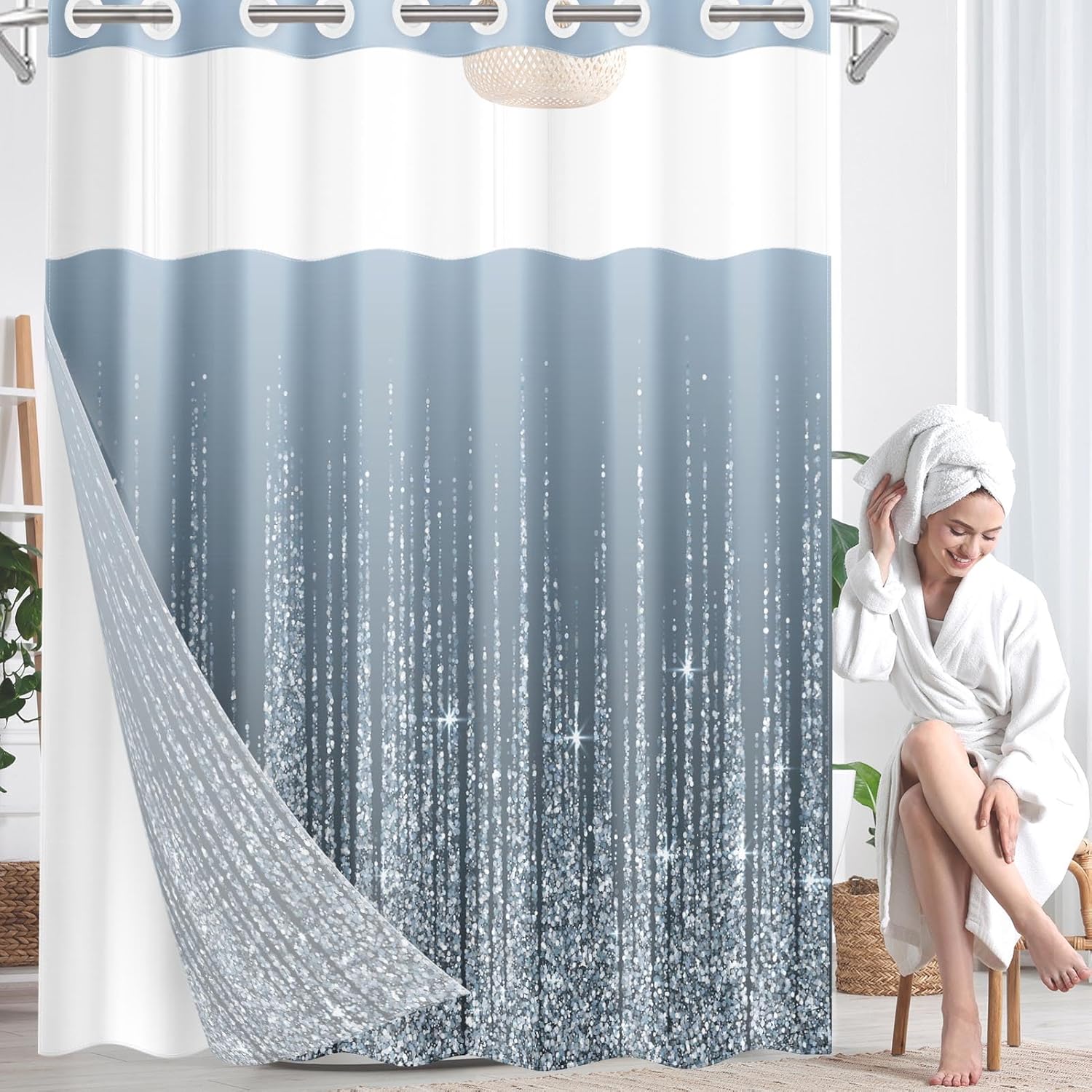 Nesphy No Hook Silver Dots Shower Curtain Set