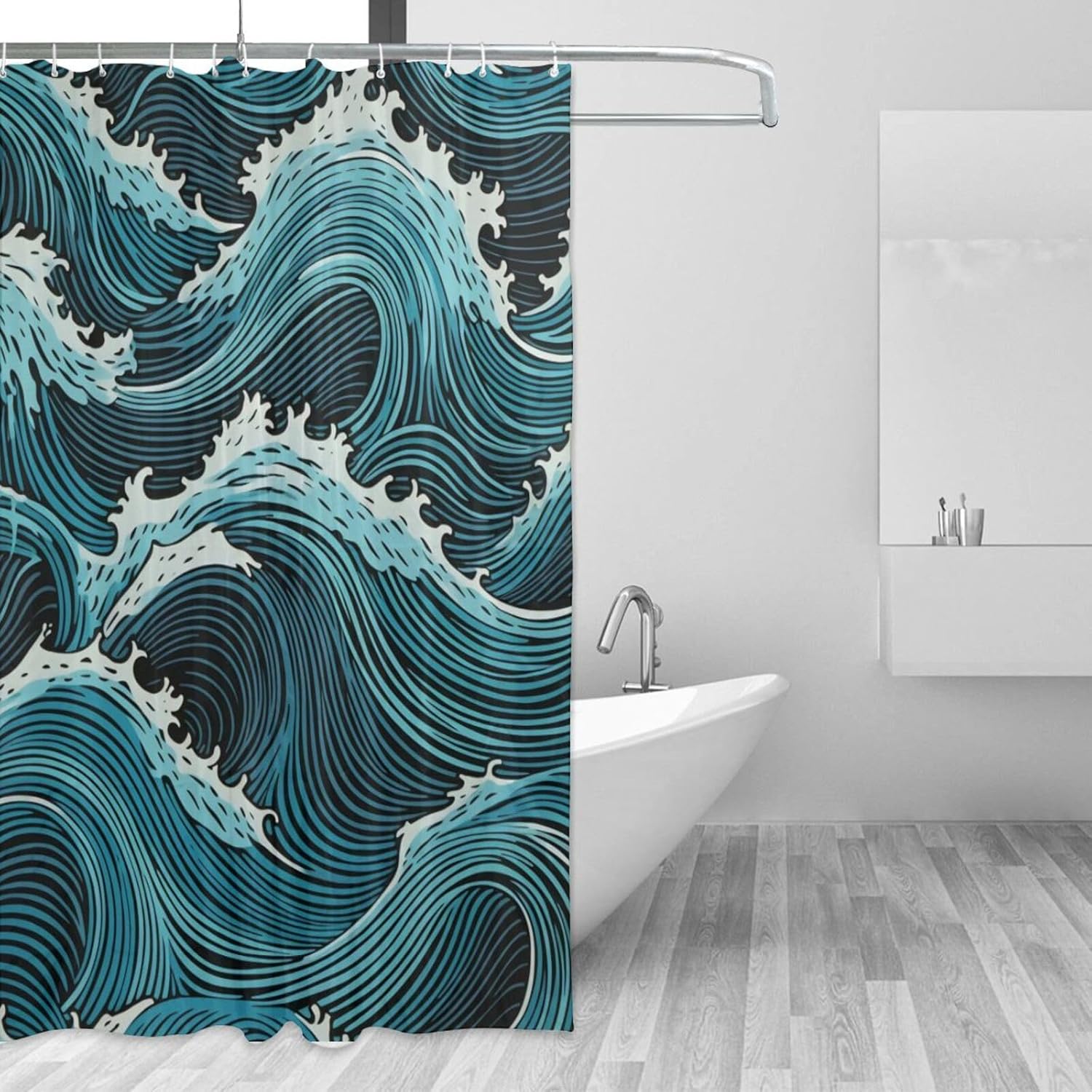 Blue Wave Boho Shower Curtain Set with 12 Hooks 72x72in
