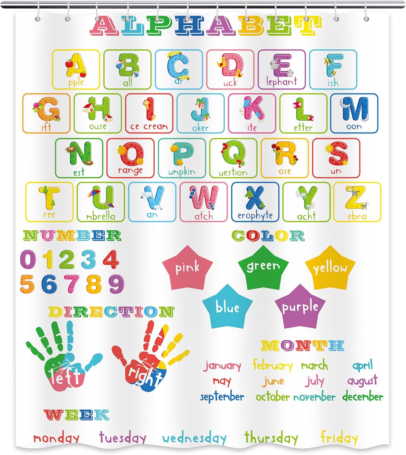 ABC Learning Shower Curtain for Kids 70x72 inch Waterproof with Hooks