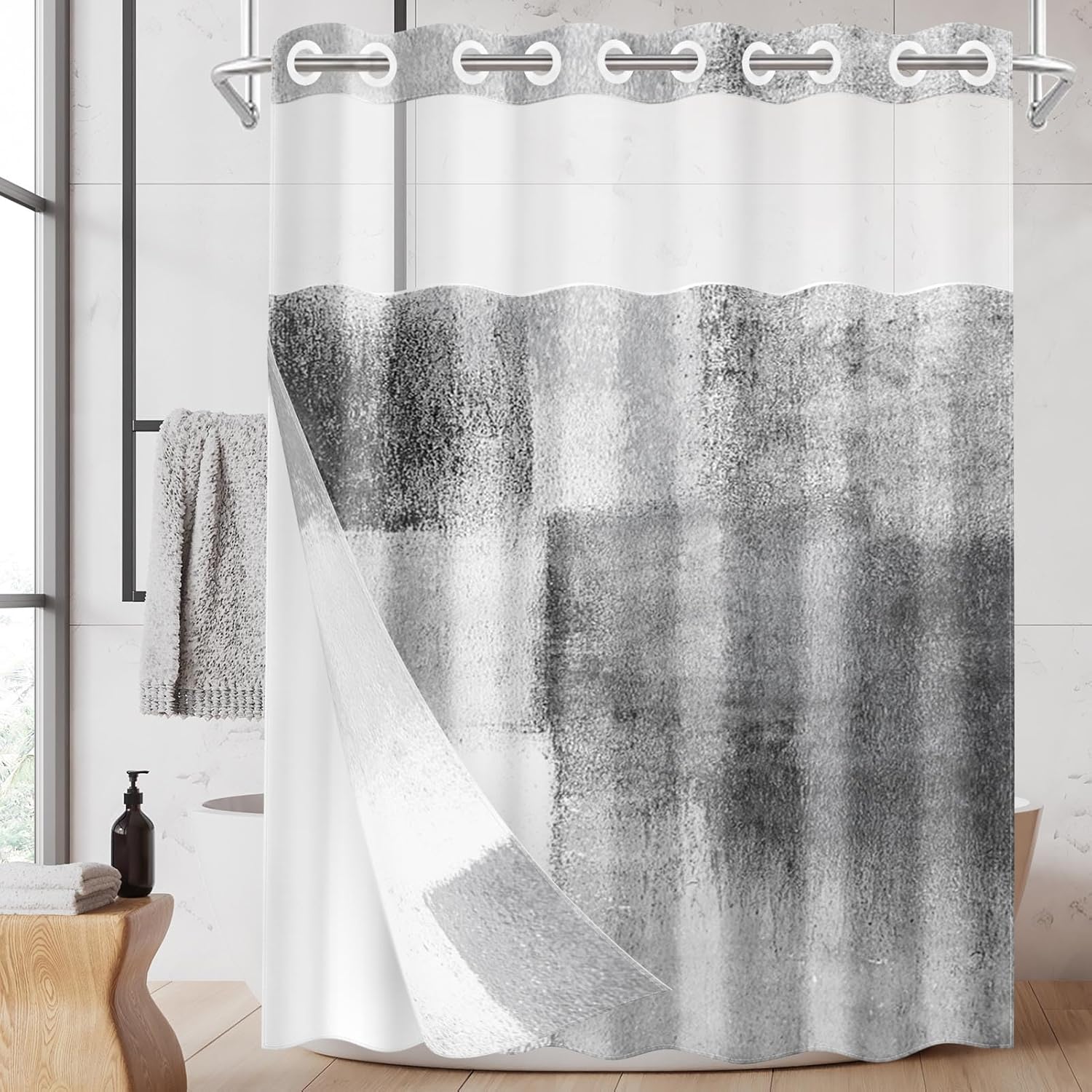 Nesphy Modern 71x74 Inch White Grey Shower Curtain Set