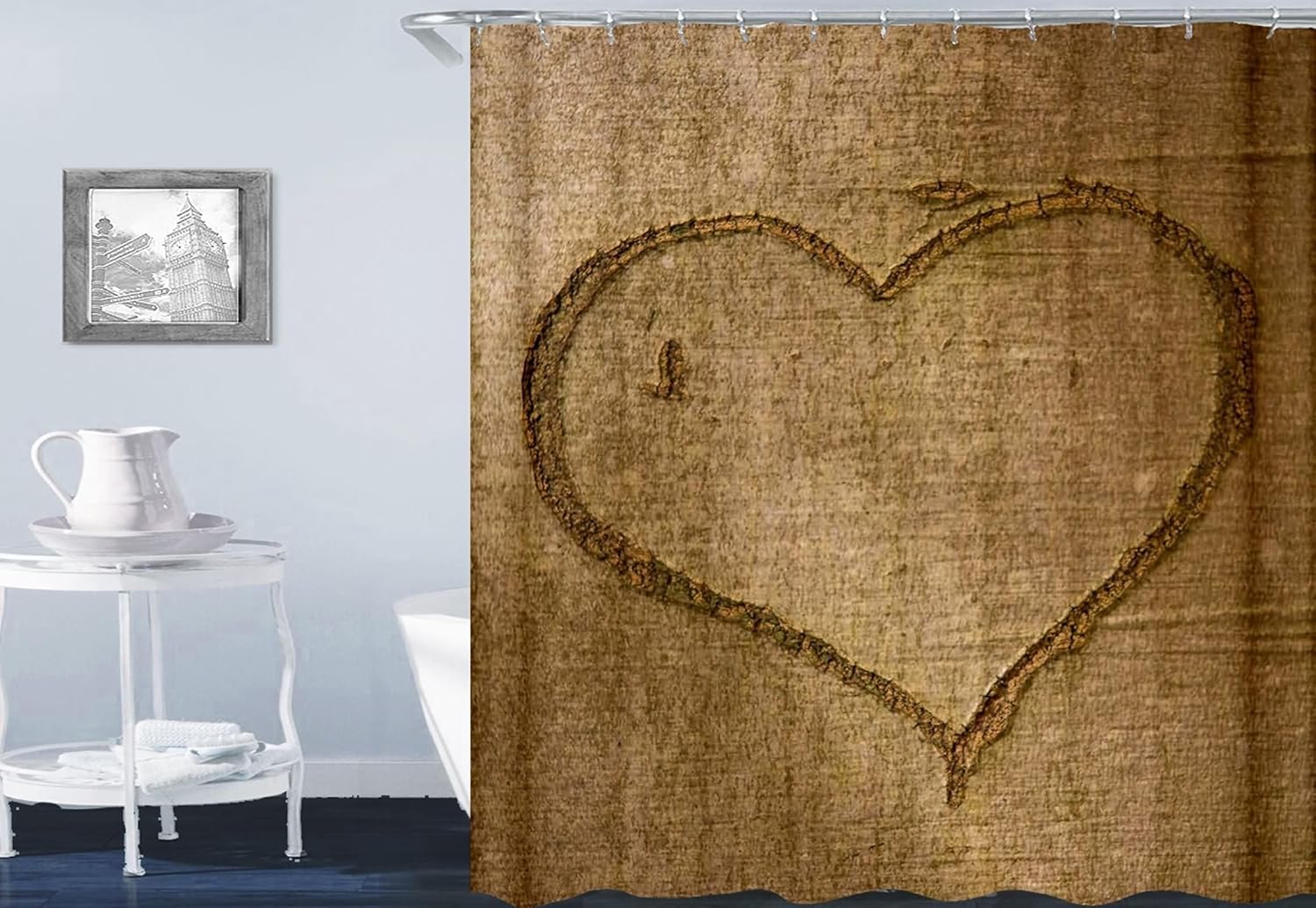 Homxi Brown Heart Pattern Shower Curtain Liners with Hooks