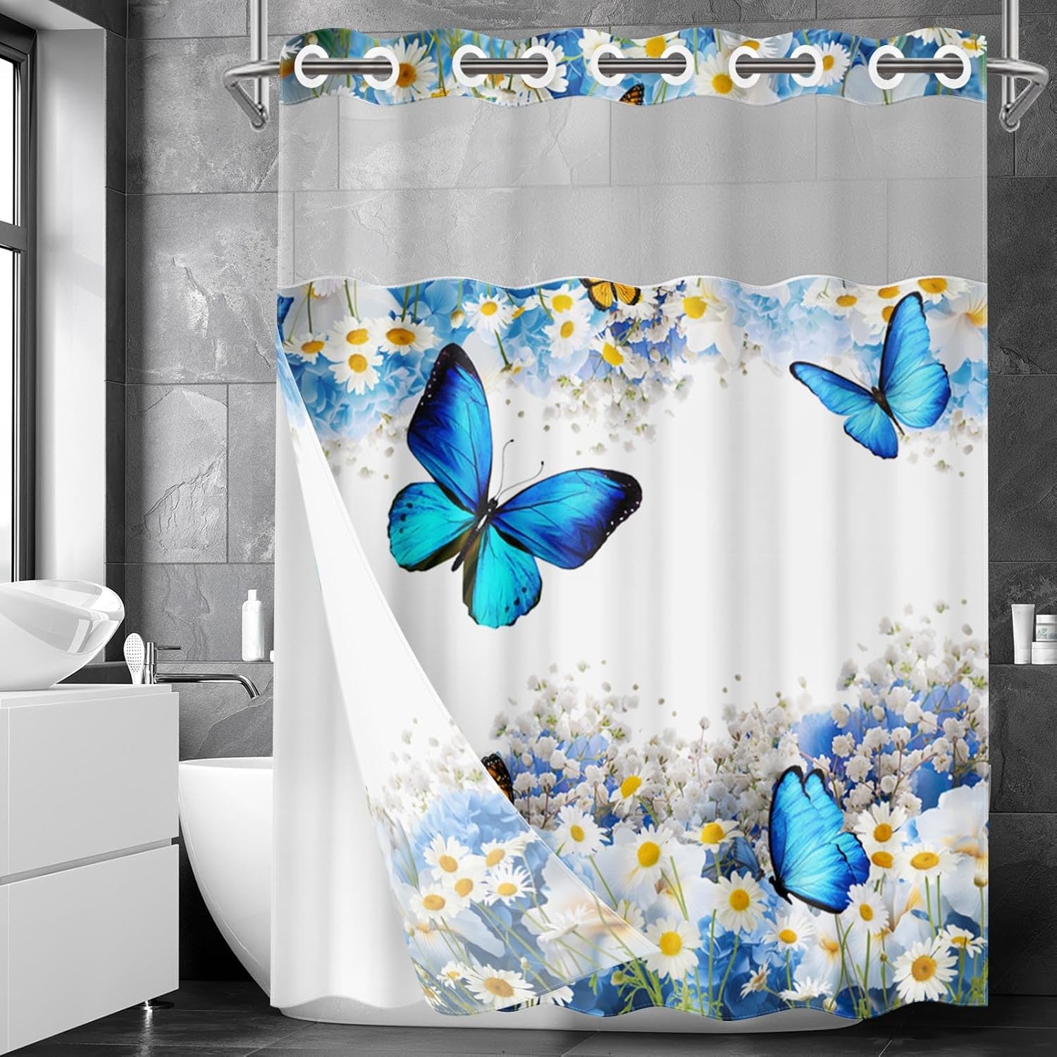 Nesphy No Hook Flower Chrysanthemum Shower Curtain Set