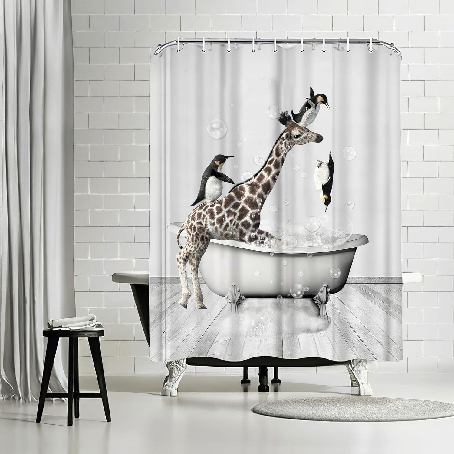Banonaty Funny Giraffe Penguin Shower Curtain Set