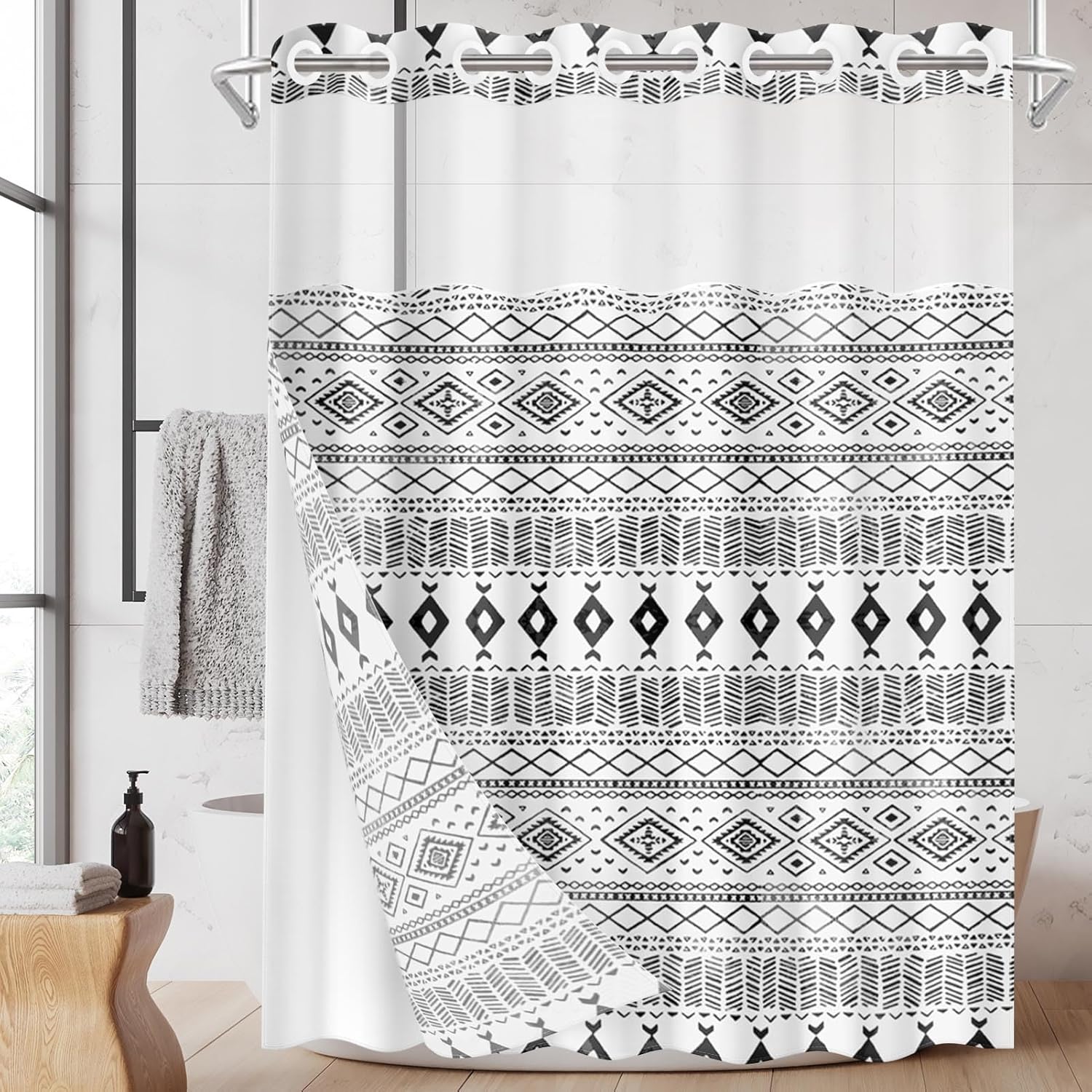Nesphy No Hook White Black Shower Curtain Set