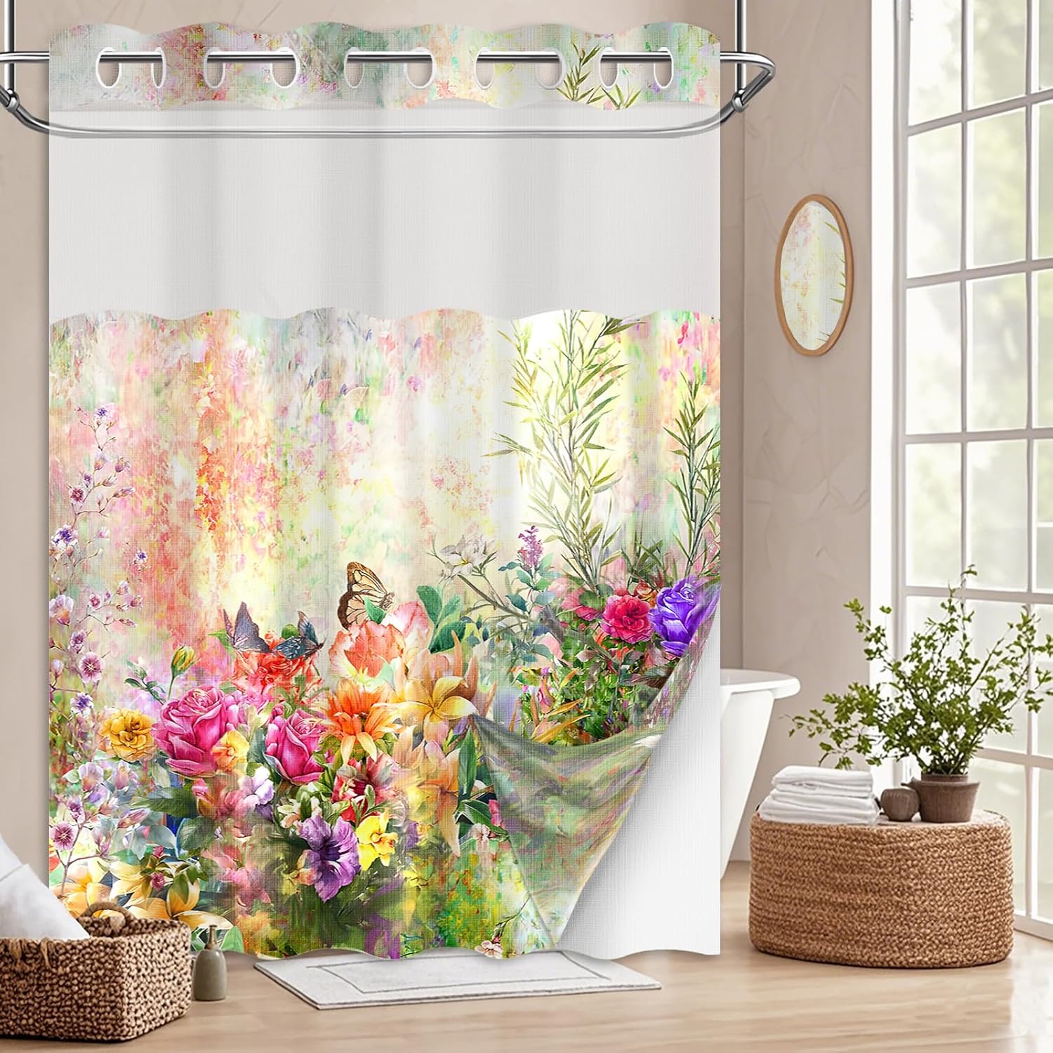 Tonmue Spring Summer Floral Hookless Shower Curtain Set 1