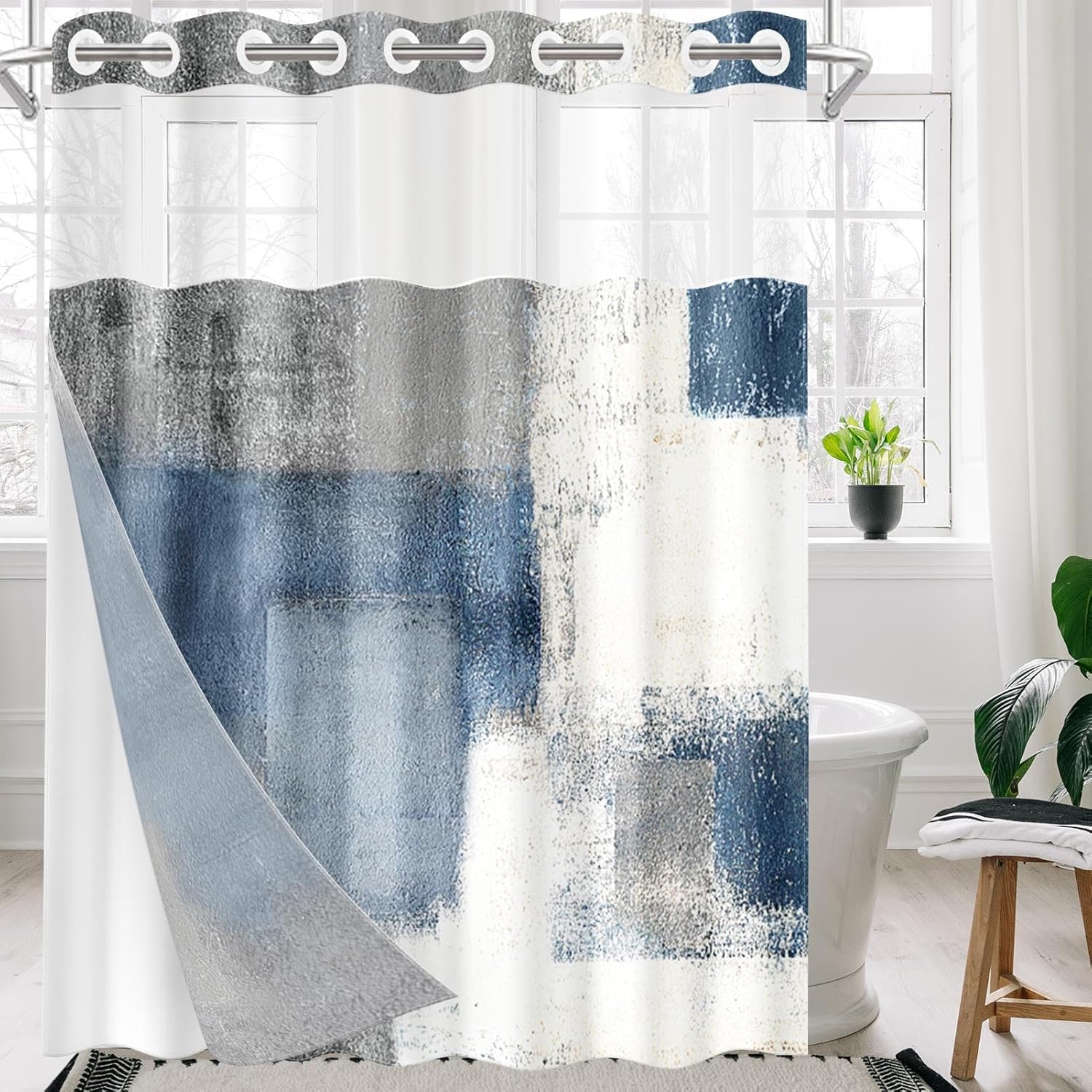 Nesphy No Hook Blue Grey Shower Curtain with Snap-in Liner 1