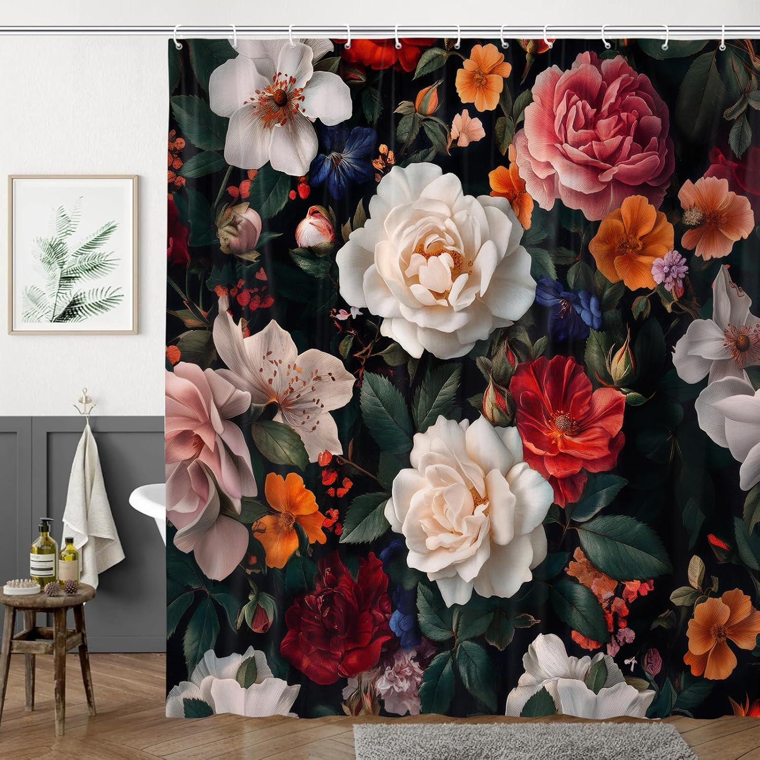 Floral Shower Curtain Set with Hooks 72x72