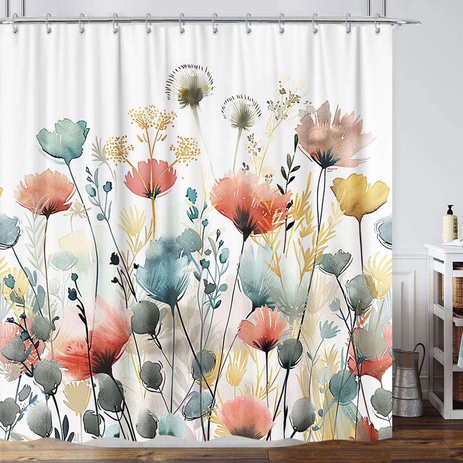 GOAOK Rustic Boho Floral Shower Curtain 72x72 with 12 Hooks