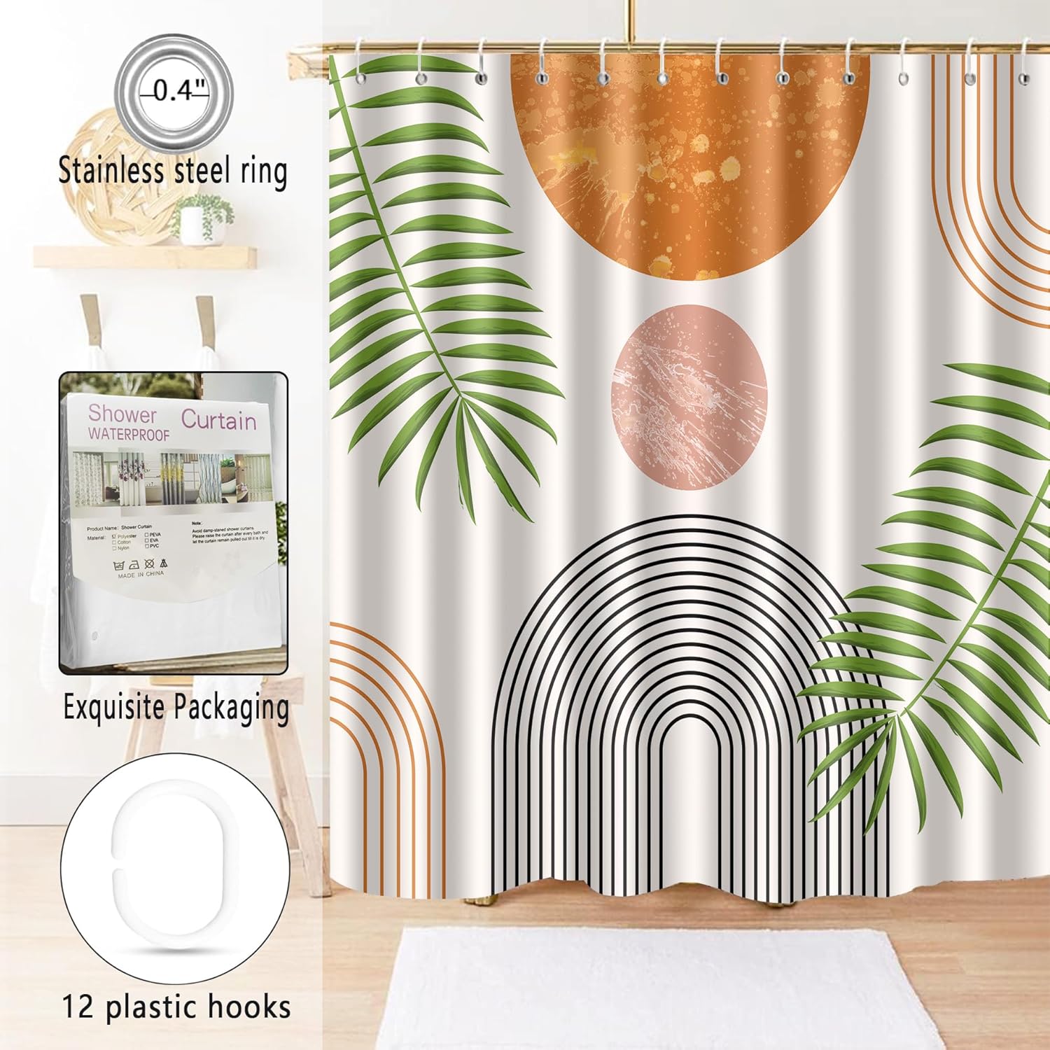 Boho Sage Green 72x72 Shower Curtain Set with 12 Hooks