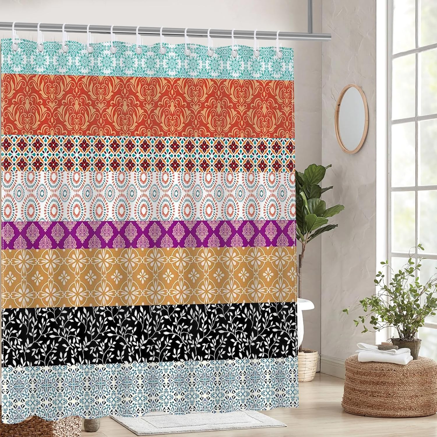 Mocsicka Boho Stripe Shower Curtain with 12 Hooks 72x72 Inch