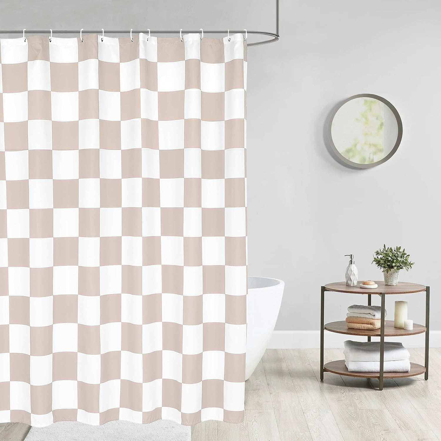 Tititex Aesthetic Checkerboard Faux Linen Shower Curtain 71x71 Inch with 12 Hooks