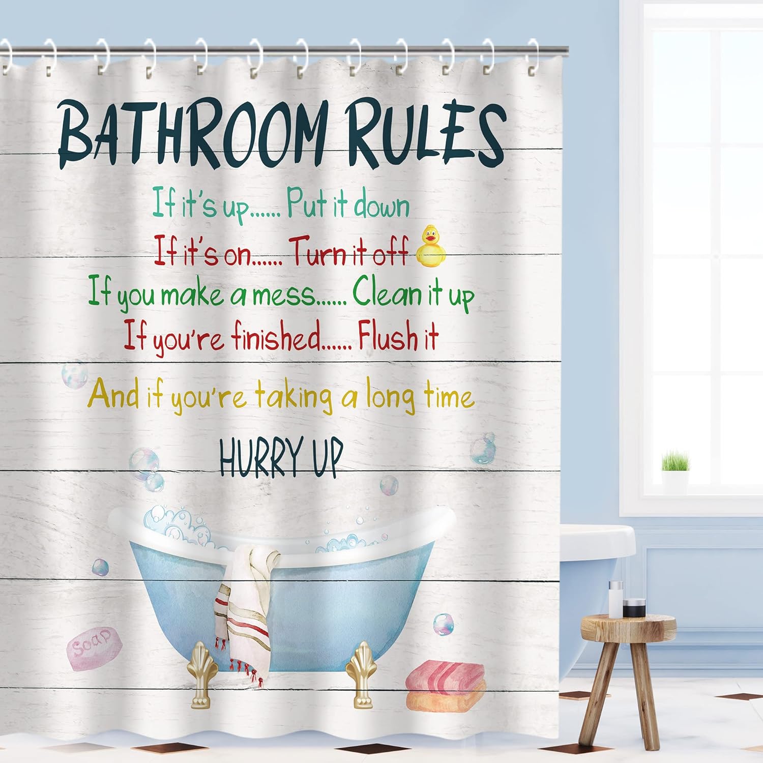 RosieLily Kids Shower Curtain with Funny Words and Hooks