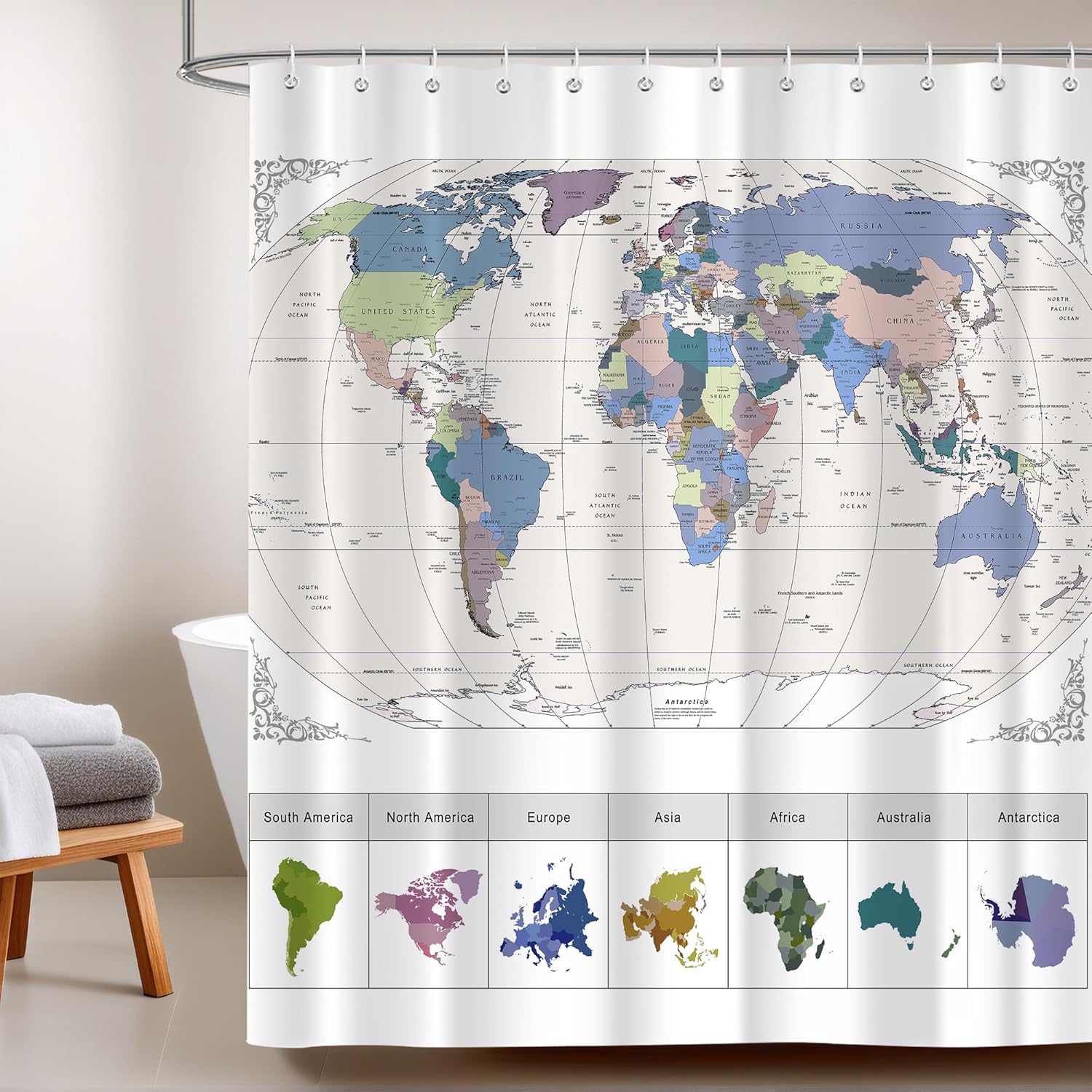 iTapnoom World Map Shower Curtain with 12 Hooks