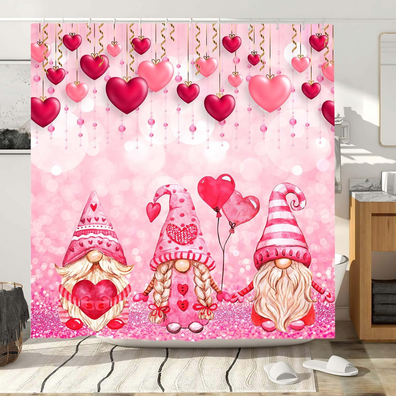 Valentines Day Gnome Shower Curtain with Glitter Love Heart Design