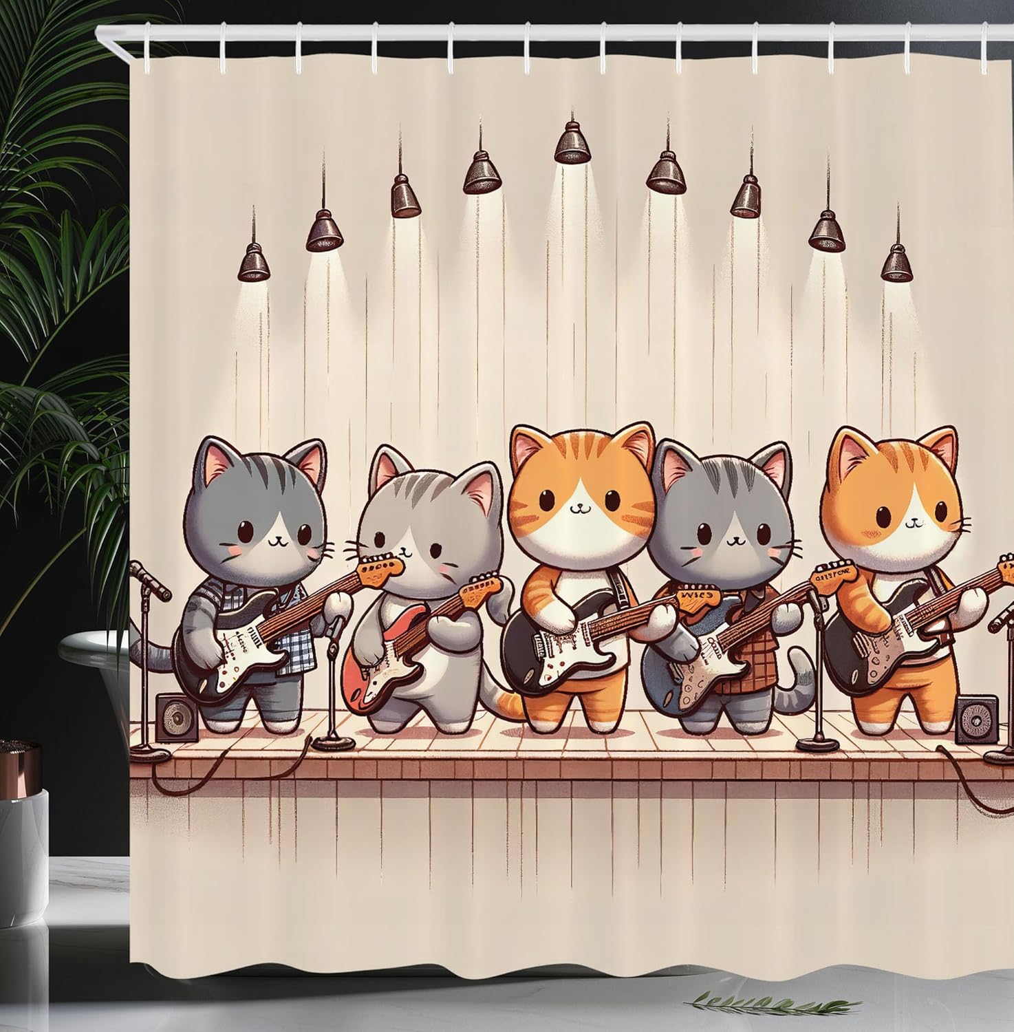 Ambesonne Kawaii Anime Cat Guitar Shower Curtain Set