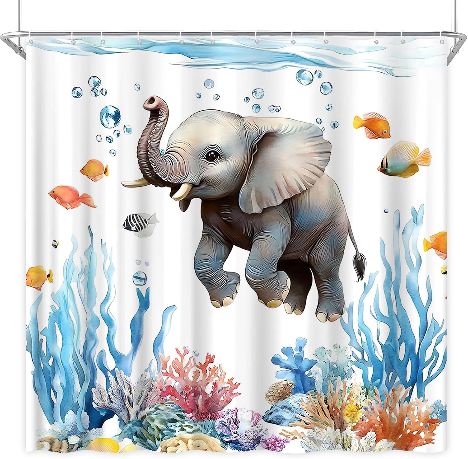 Funny Nautical Elephant Shower Curtain Set with Hooks 70x70