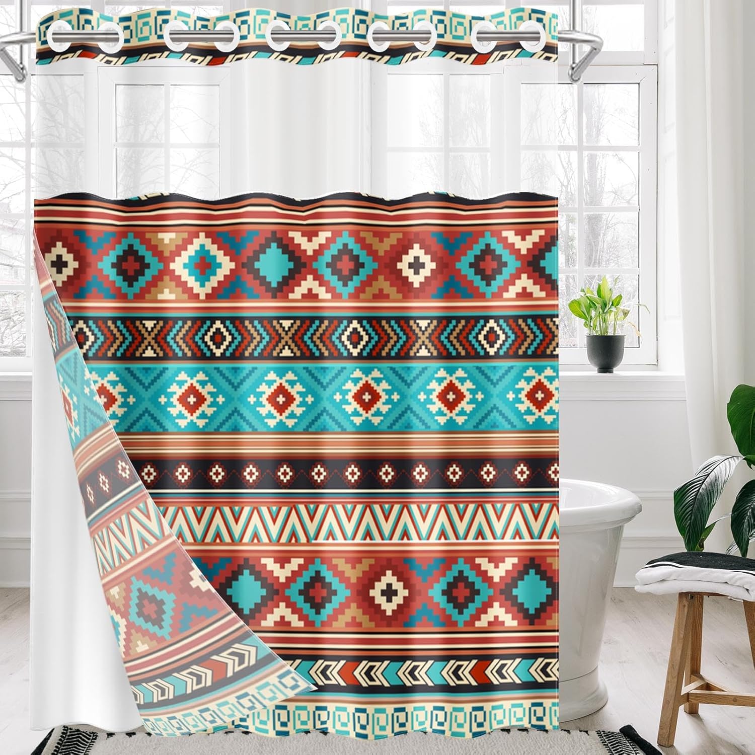 Nesphy No Hook Aztec Bohemian Shower Curtain Set