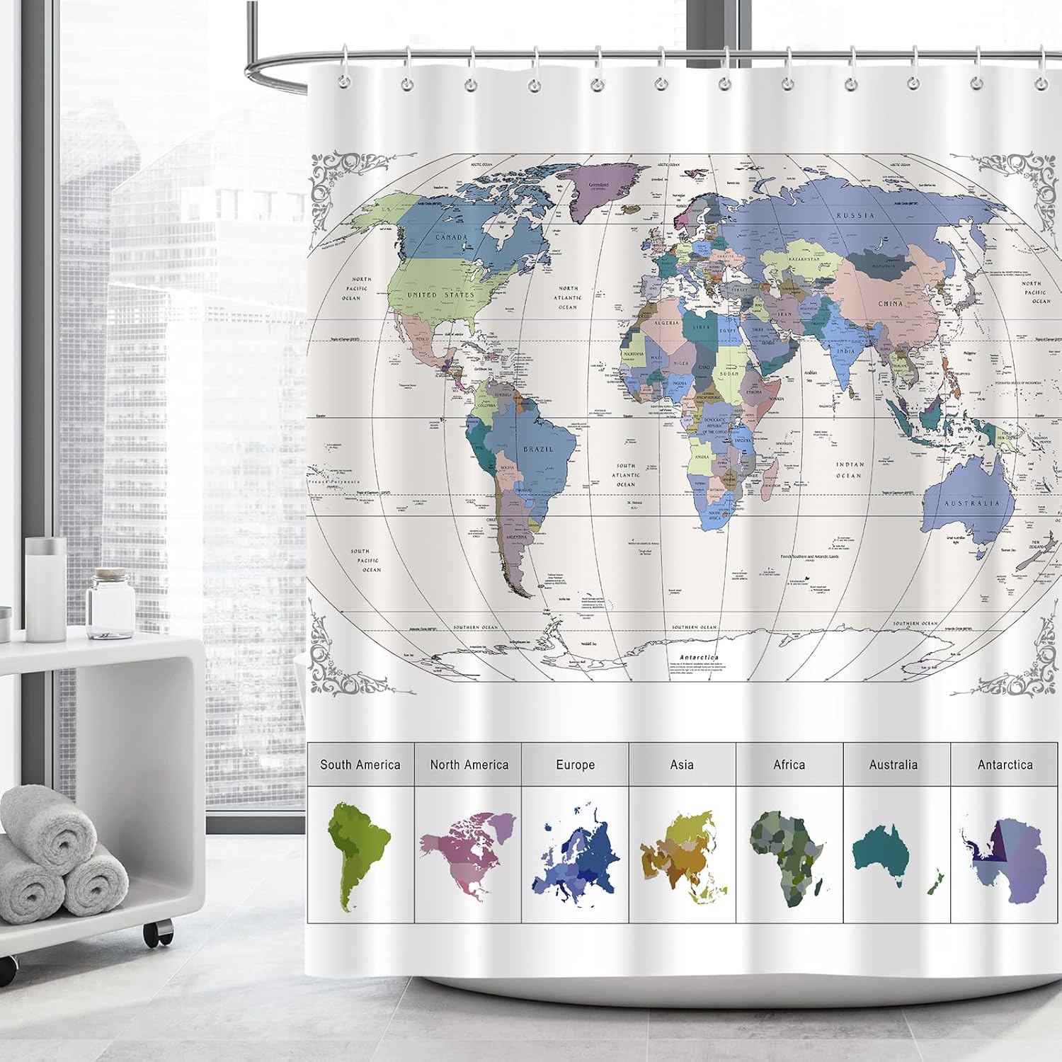iTapnoom World Map Shower Curtain with 12 Hooks