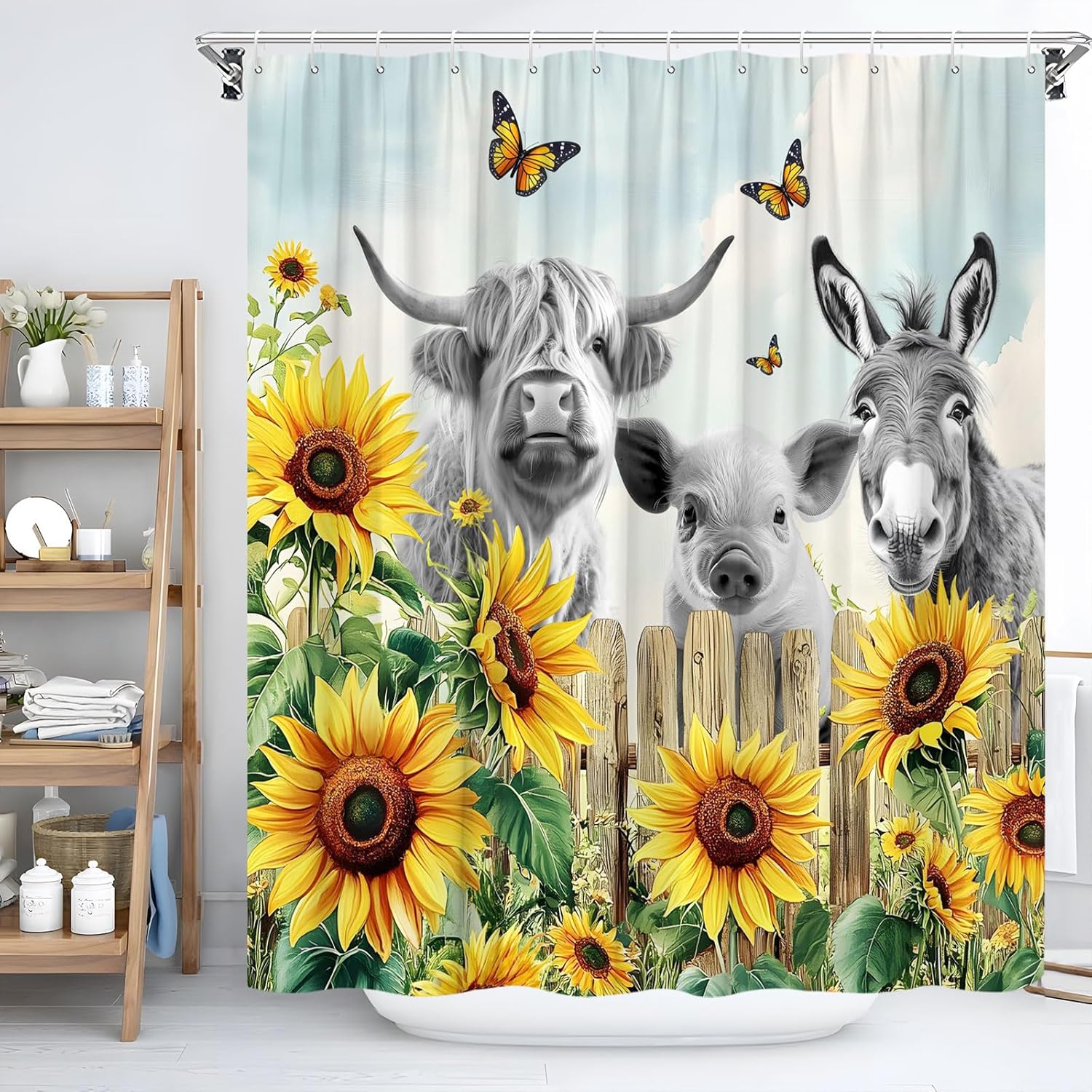 Rustic Cow Shower Curtain with Sunflower Floral Design