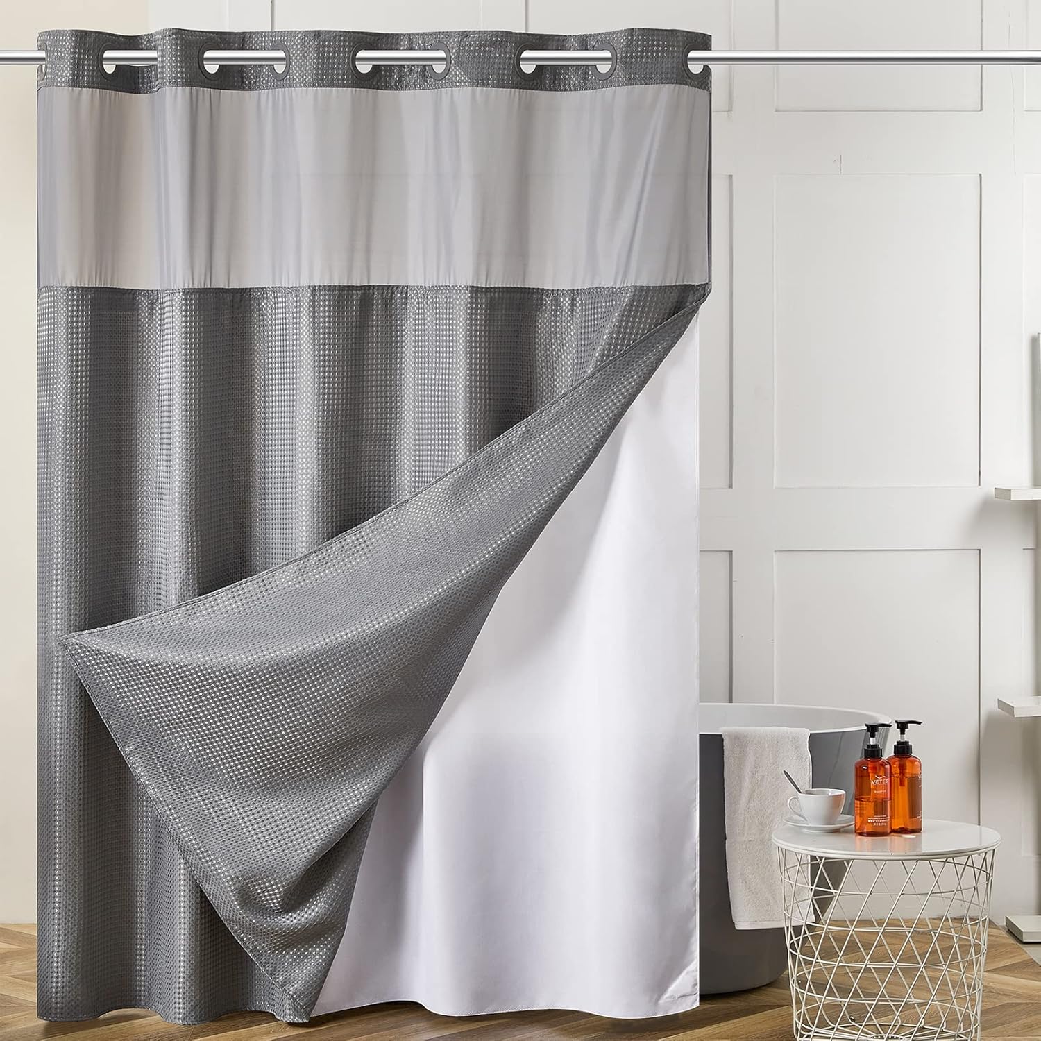 Furlinic No Hook Shower Curtain Set Waffle Weave See Through Window 71x75 Inch