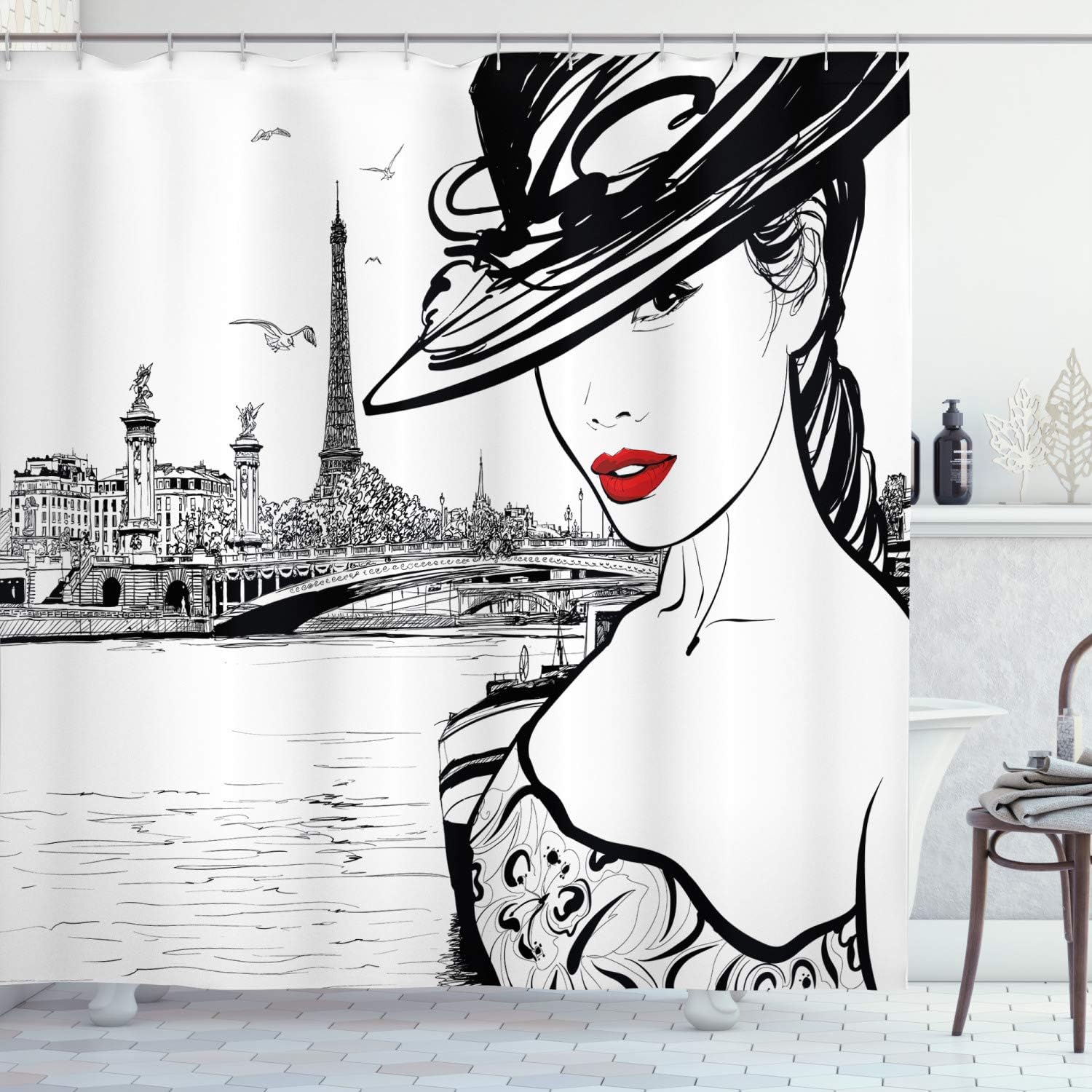 Ambesonne Paris Shower Curtain Set with 12 Hooks