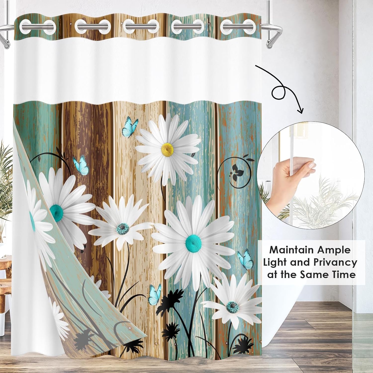 Nesphy Farmhouse Shower Curtain Set with Snap Liner White Daisy Butterfly Design