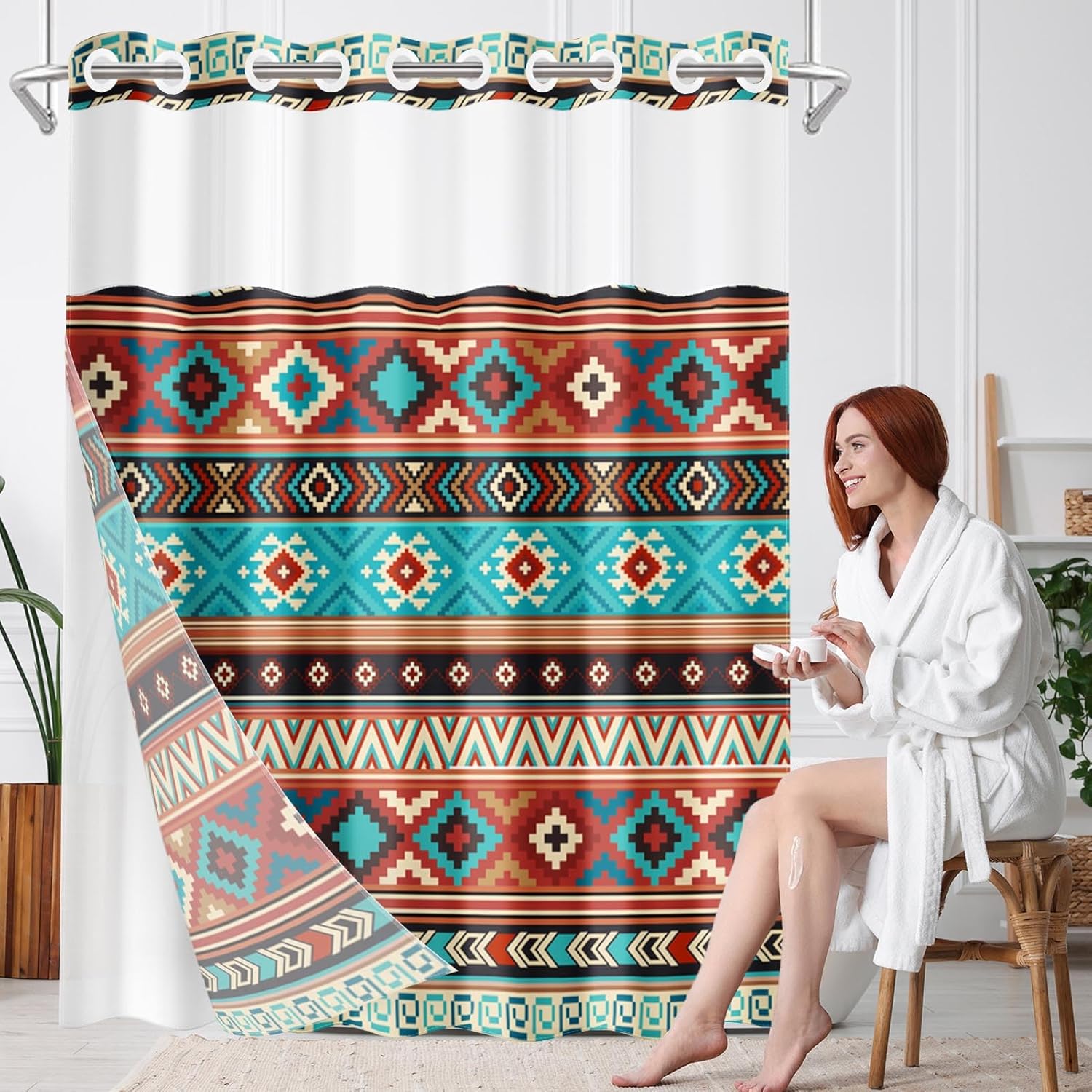 Nesphy No Hook Aztec Bohemian Shower Curtain Set