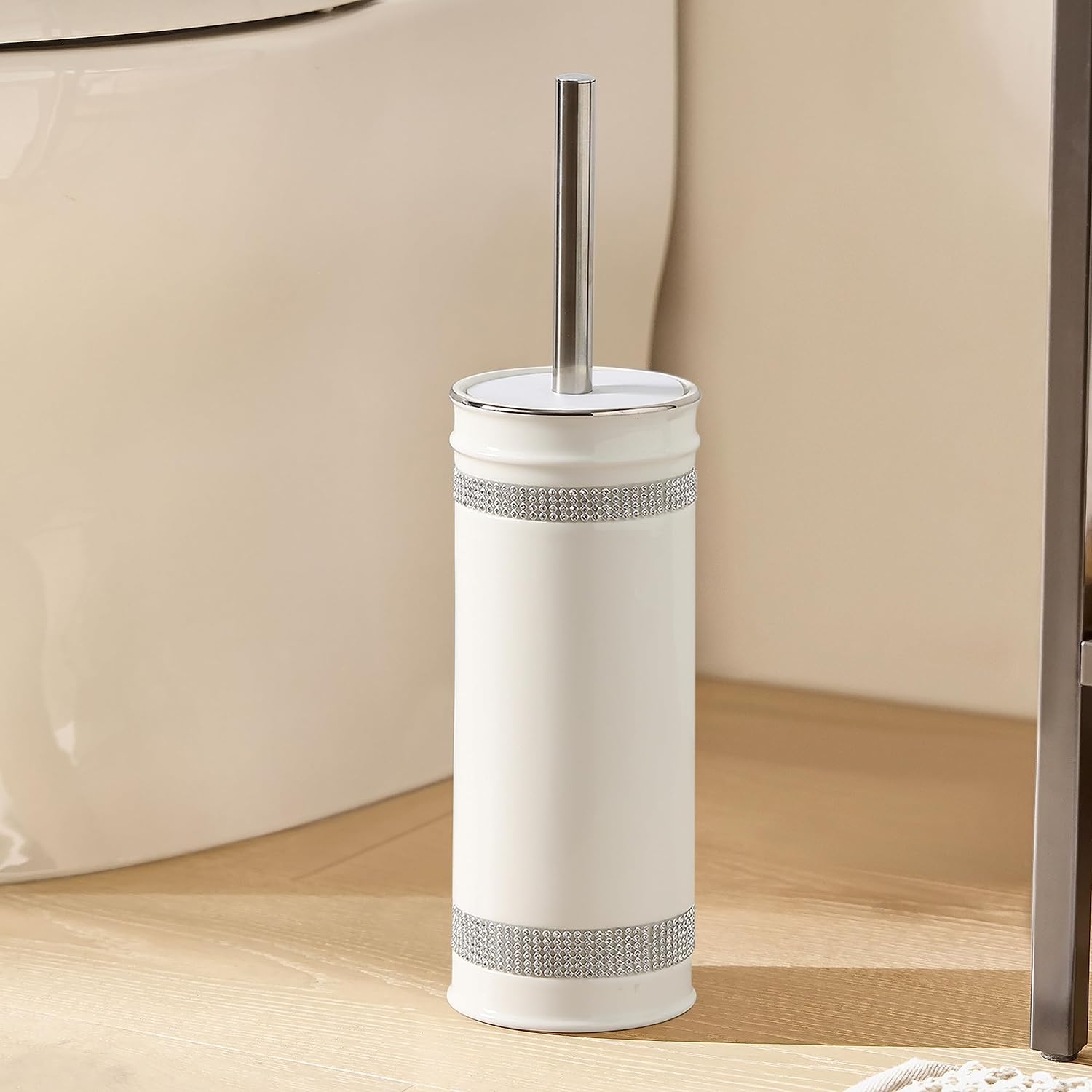 Motifeur Ceramic Toilet Brush Set with Holder and Rhinestones
