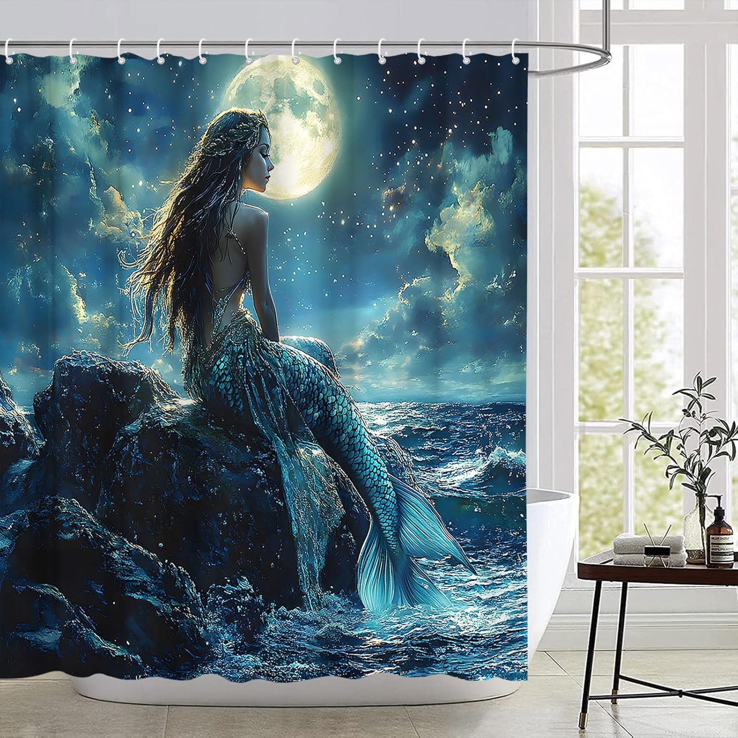 Fantasy Mermaid Shower Curtain with Hooks 70x70 Inch