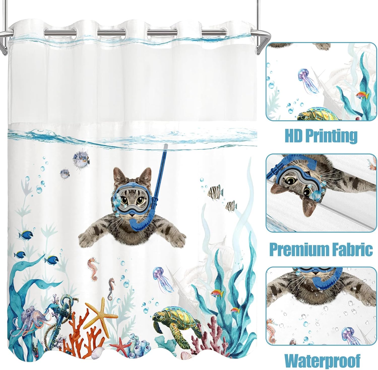 Fowocu Funny Cat Nautical Shower Curtain Set Teal Blue Ocean