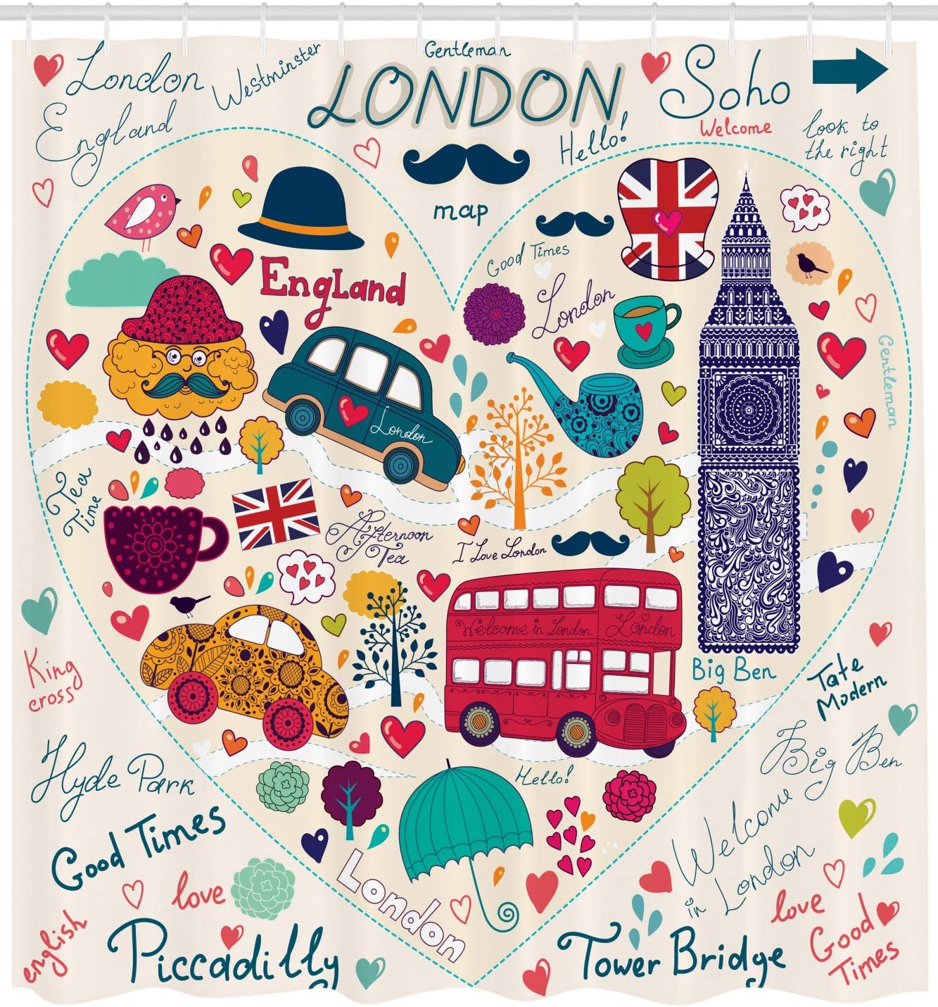 Ambesonne London Shower Curtain Set with Hooks