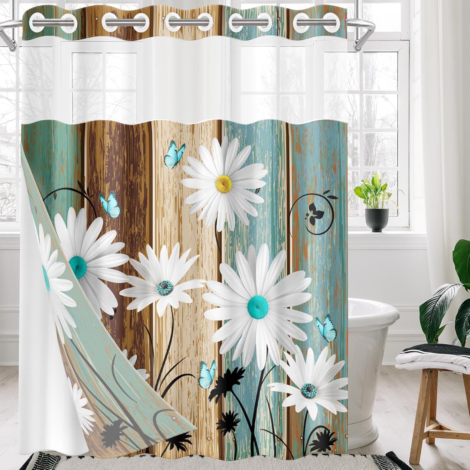Nesphy Farmhouse Shower Curtain Set with Snap Liner White Daisy Butterfly Design