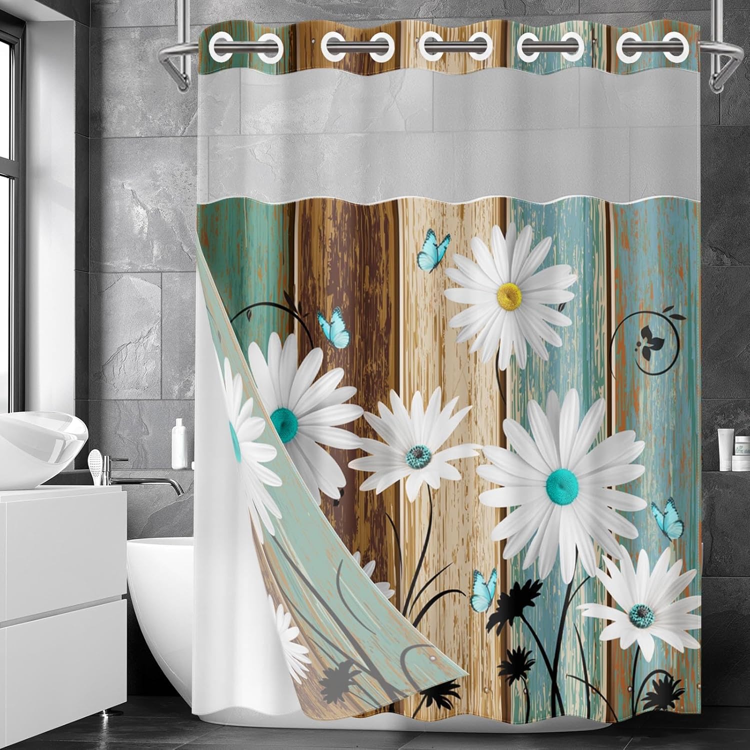 Nesphy Farmhouse Shower Curtain Set with Snap Liner White Daisy Butterfly Design