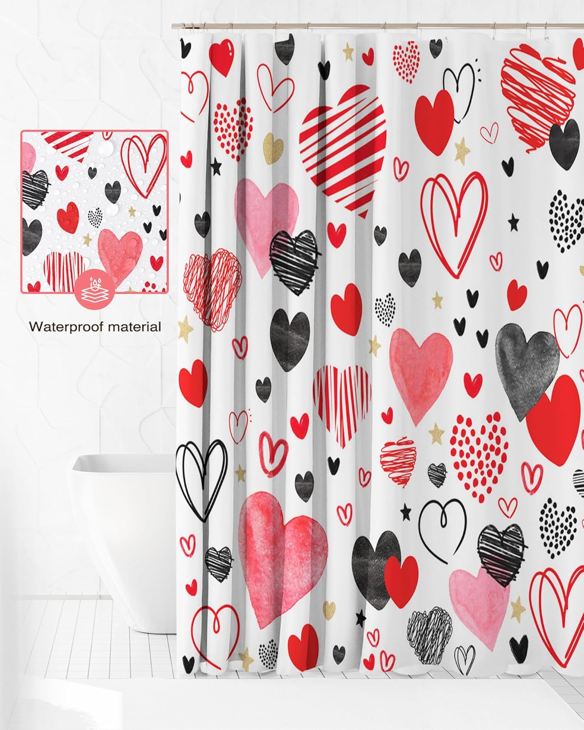Valentines Day Red and Black Heart Shower Curtain Set with 12 Hooks