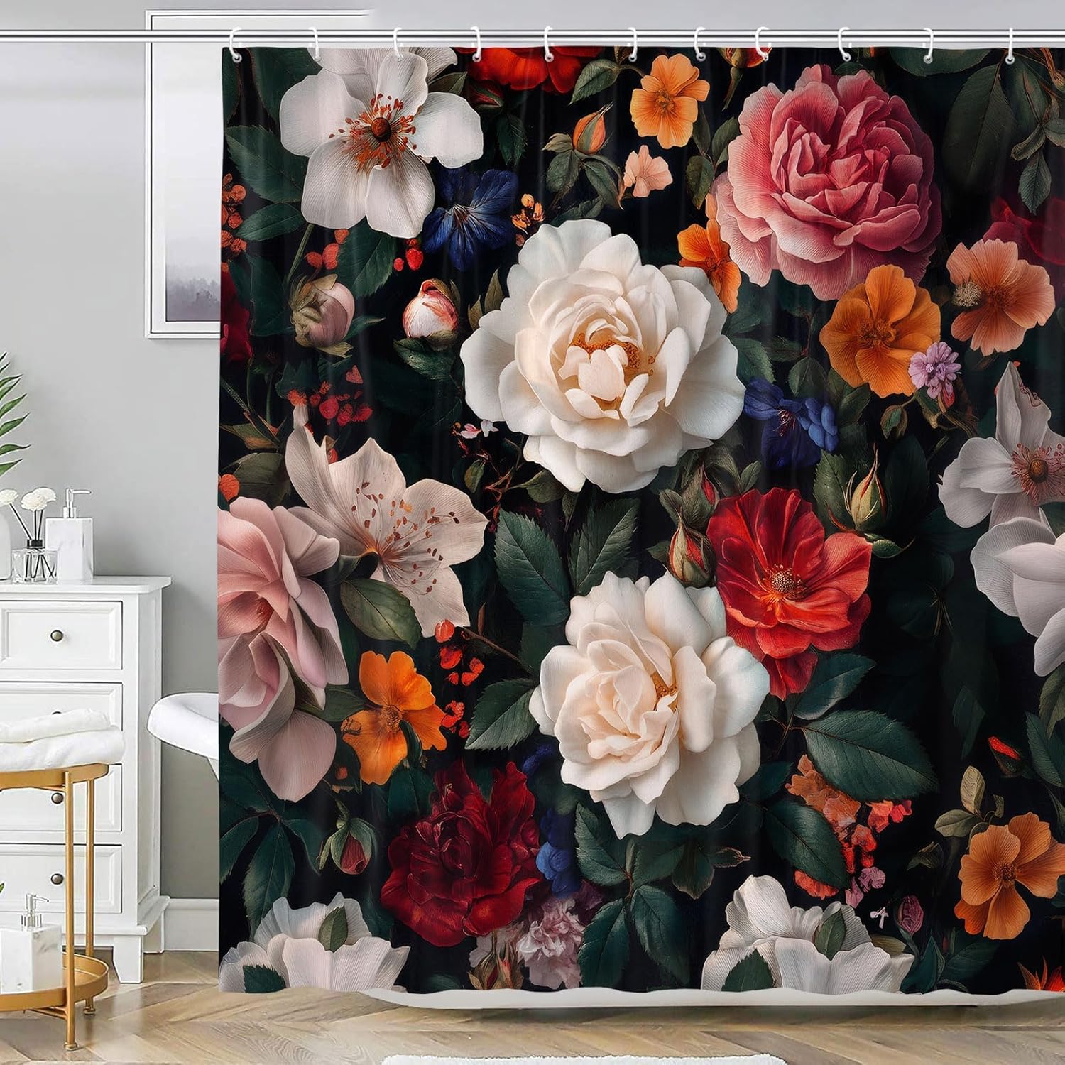 Floral Shower Curtain Set with Hooks 72x72