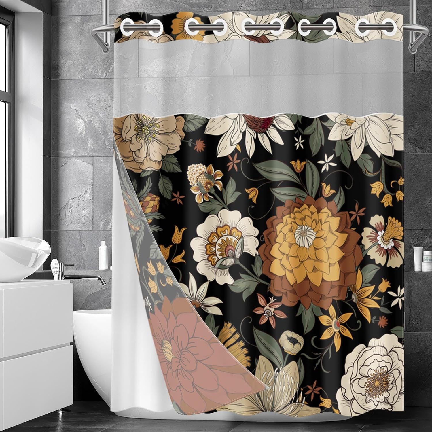 Nesphy Boho Floral Shower Curtain Set with Snap Lining 1