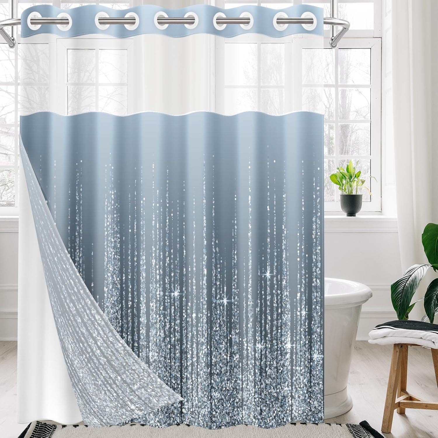 Nesphy No Hook Silver Dots Shower Curtain Set