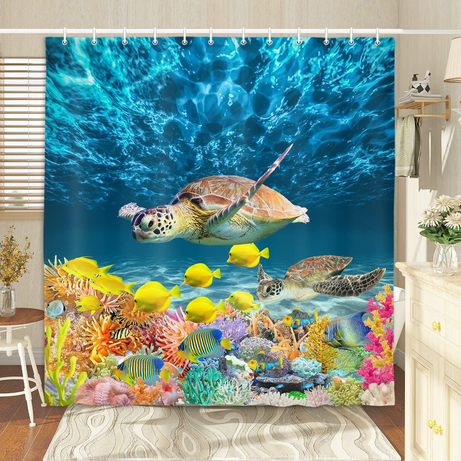 DYNH Sea Turtle Fabric Shower Curtain 69x70 Inch with Hooks Blue Bath Curtain