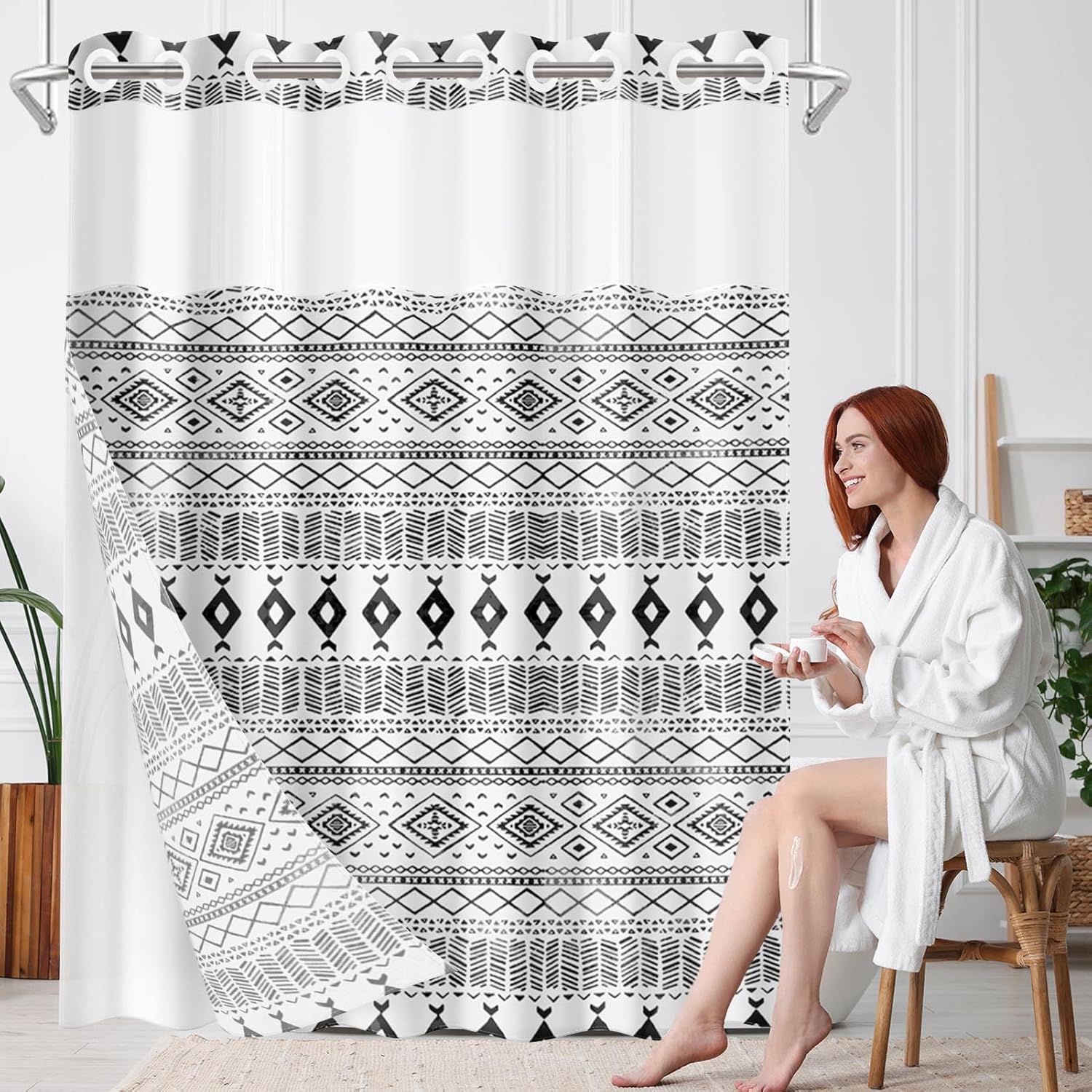 Nesphy No Hook White Black Shower Curtain Set