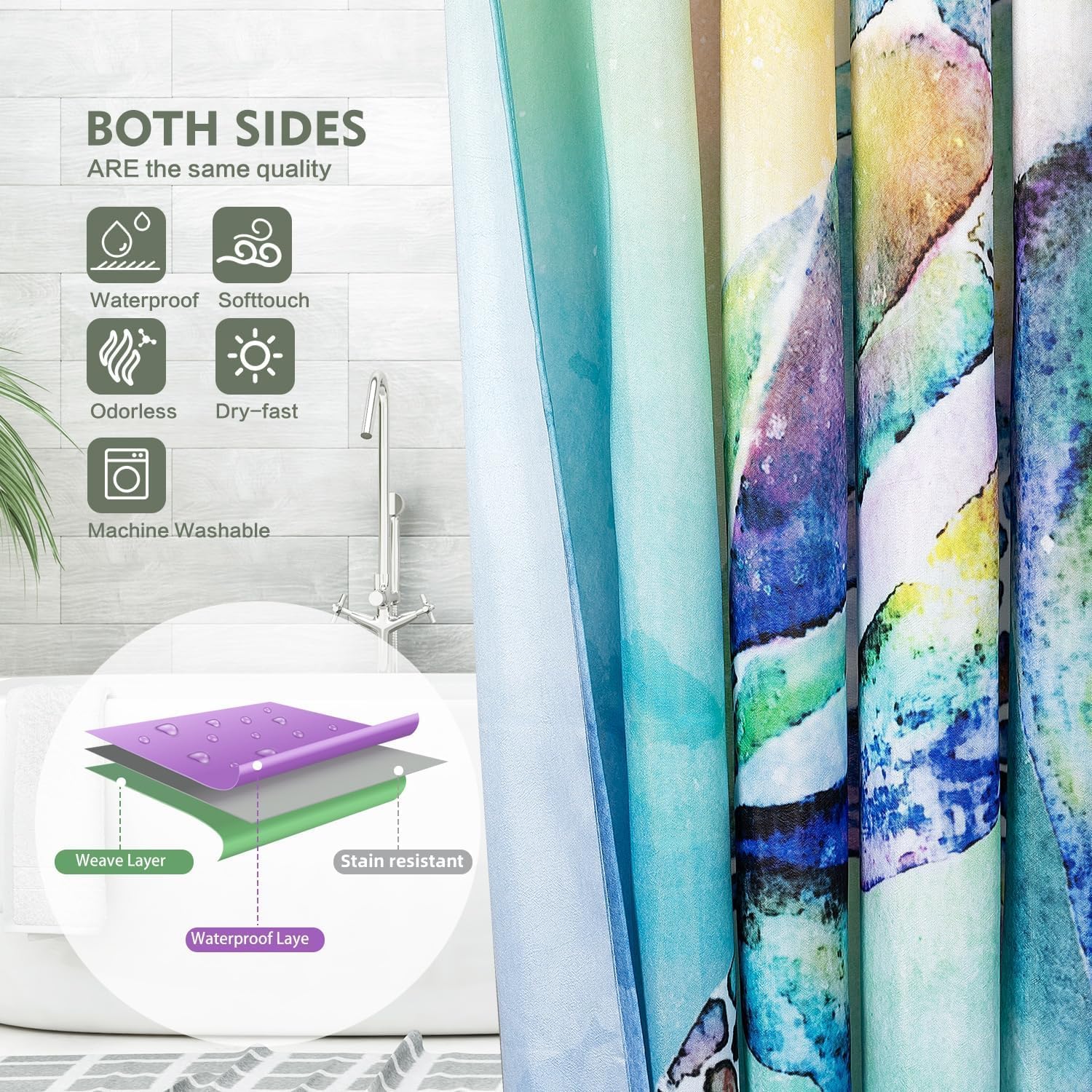Lokigo Teal Blue Hookless Shower Curtain Set with Liner