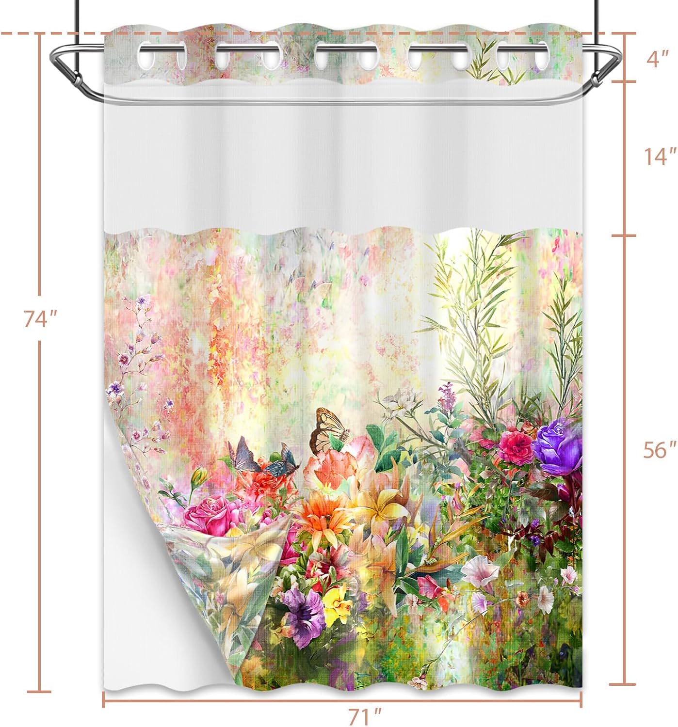 Tonmue Spring Summer Floral Hookless Shower Curtain Set 1
