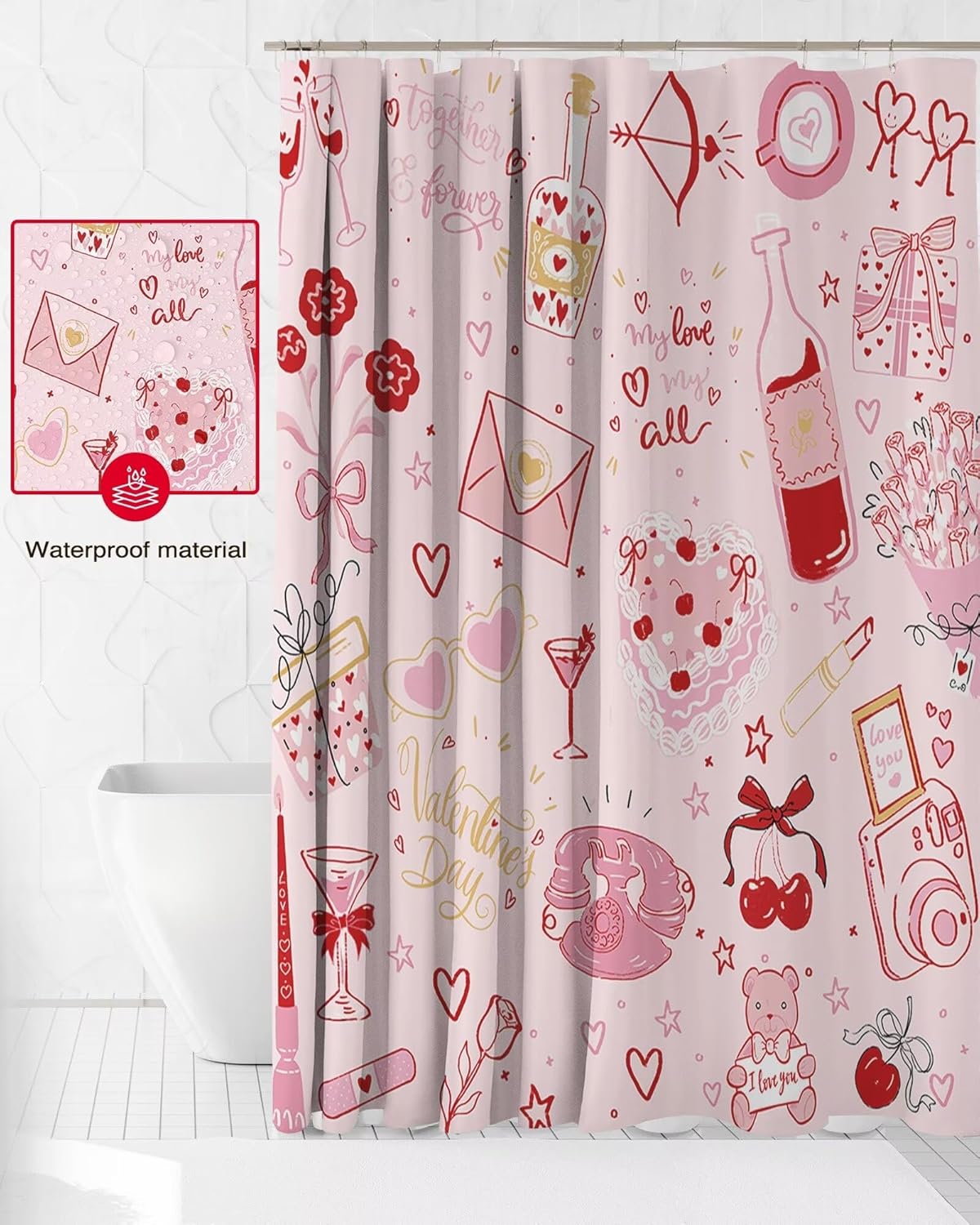 Pink Valentines Day Shower Curtain Set with 12 Hooks 72x72 Inches