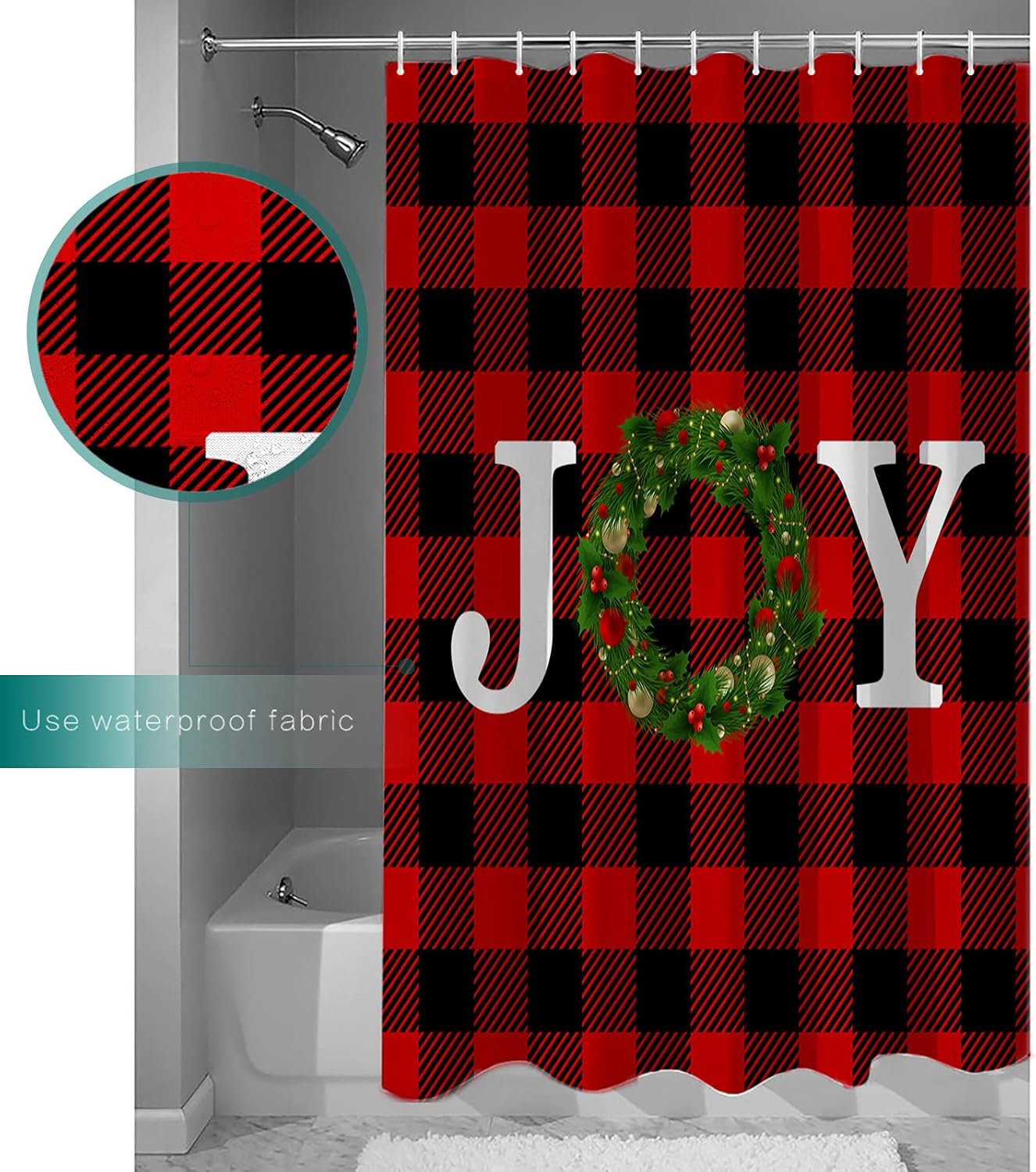 Boanket Polyester Christmas White Joy Wreath Shower Curtain