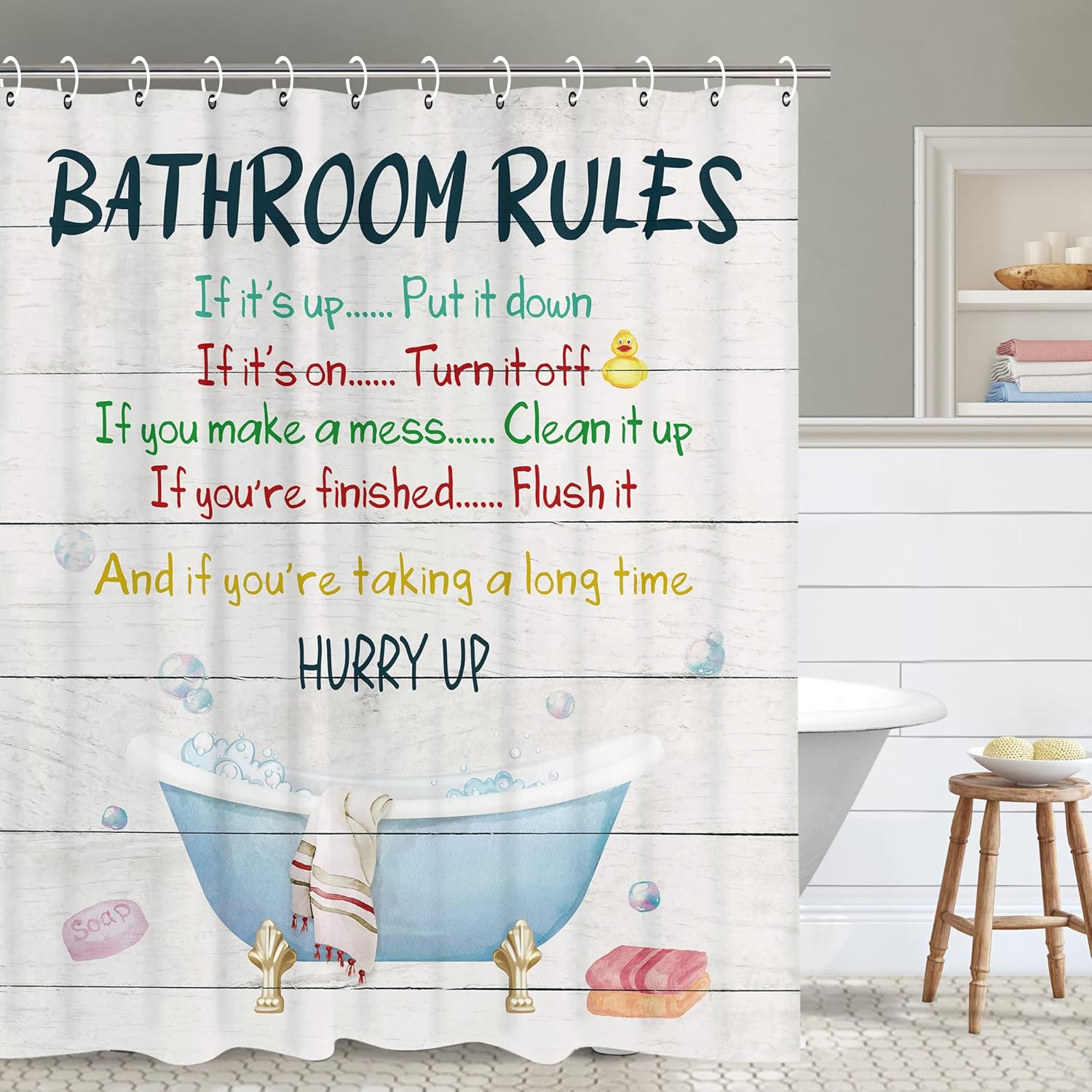 RosieLily Kids Shower Curtain with Funny Words and Hooks