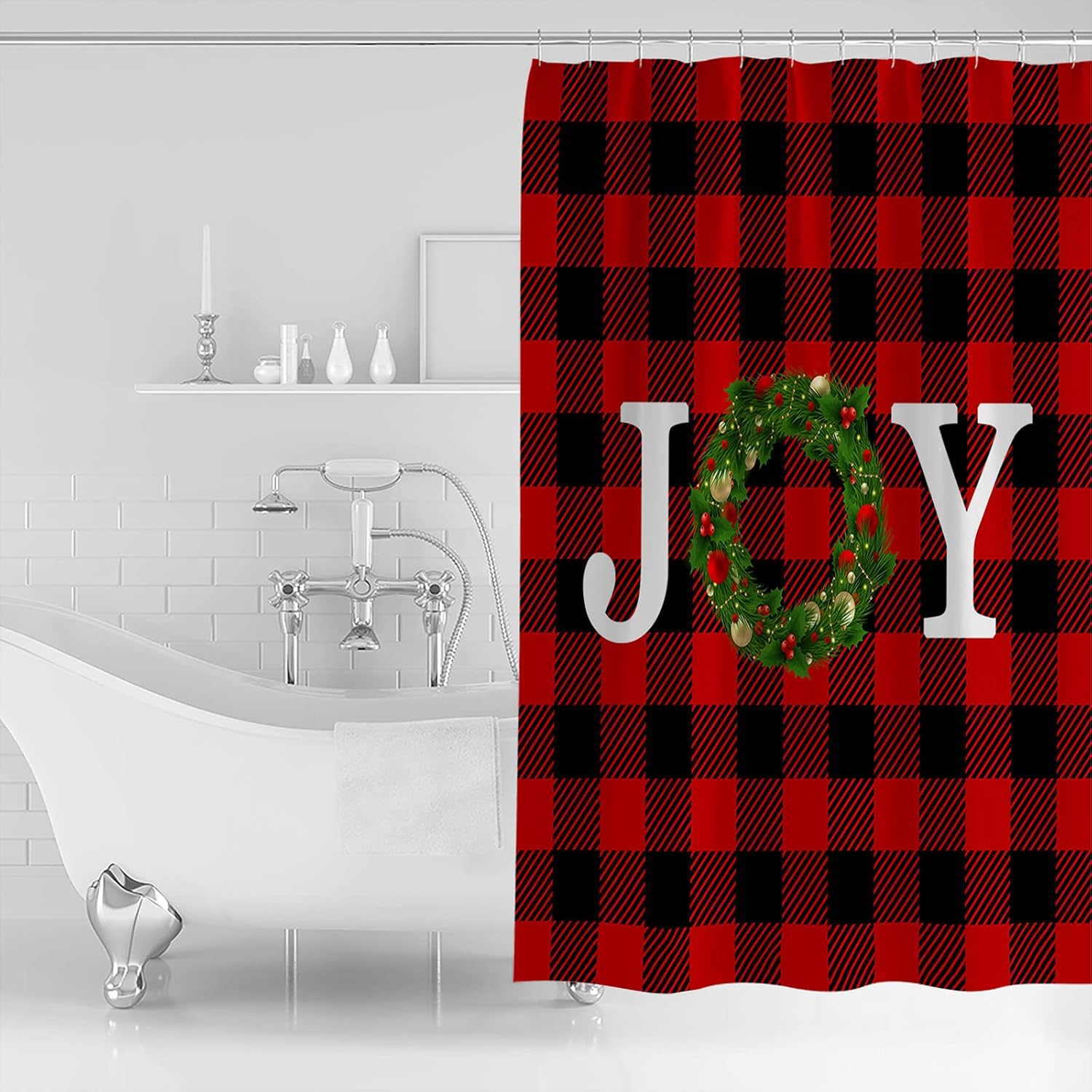 Boanket Polyester Christmas White Joy Wreath Shower Curtain